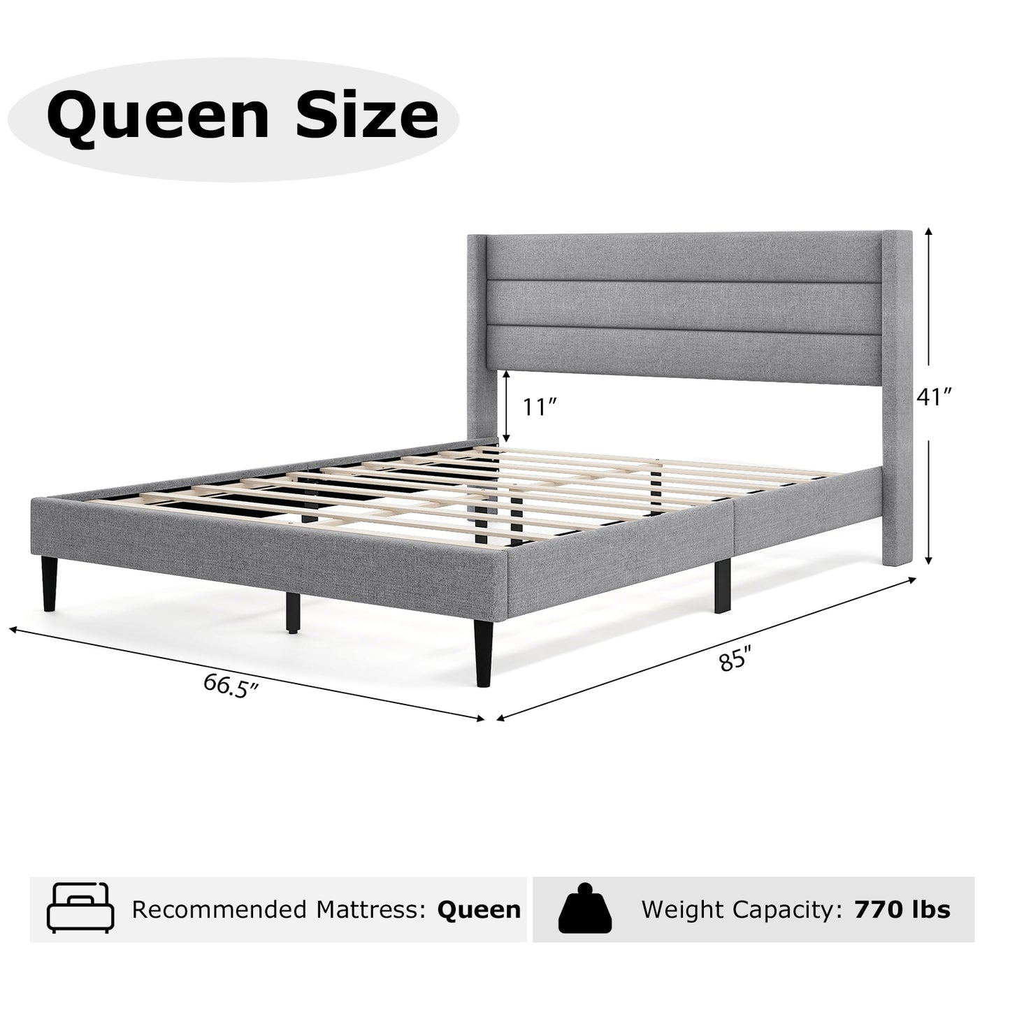 Stylish Linen Upholstered Platform Bed Frame with Wingback Headboard - Queen Size