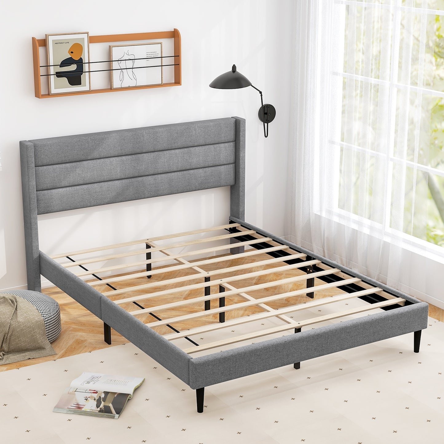 Stylish Linen Upholstered Platform Bed Frame with Wingback Headboard - Queen Size