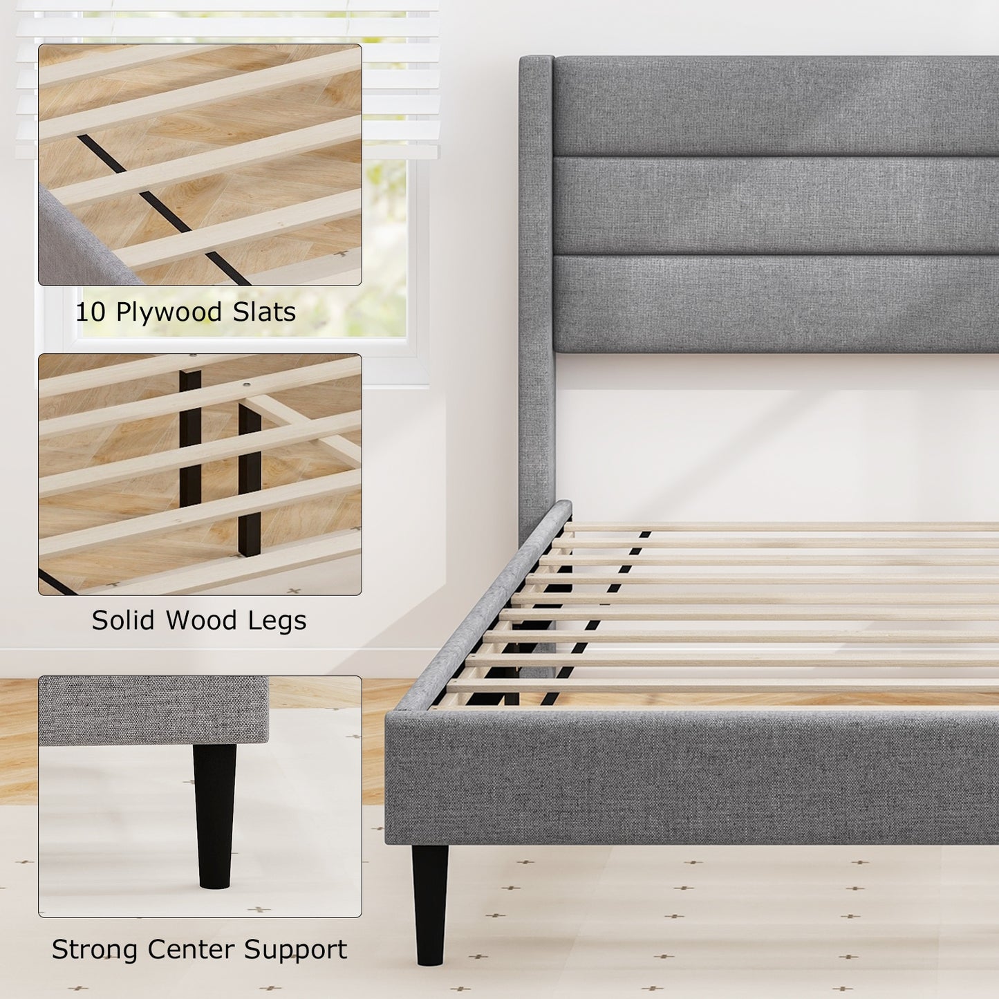 Stylish Linen Upholstered Platform Bed Frame with Wingback Headboard - Queen Size