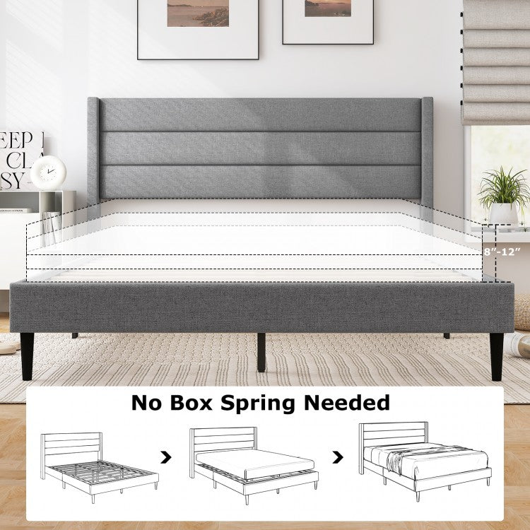 Stylish Linen Upholstered Platform Bed Frame with Wingback Headboard - Queen Size