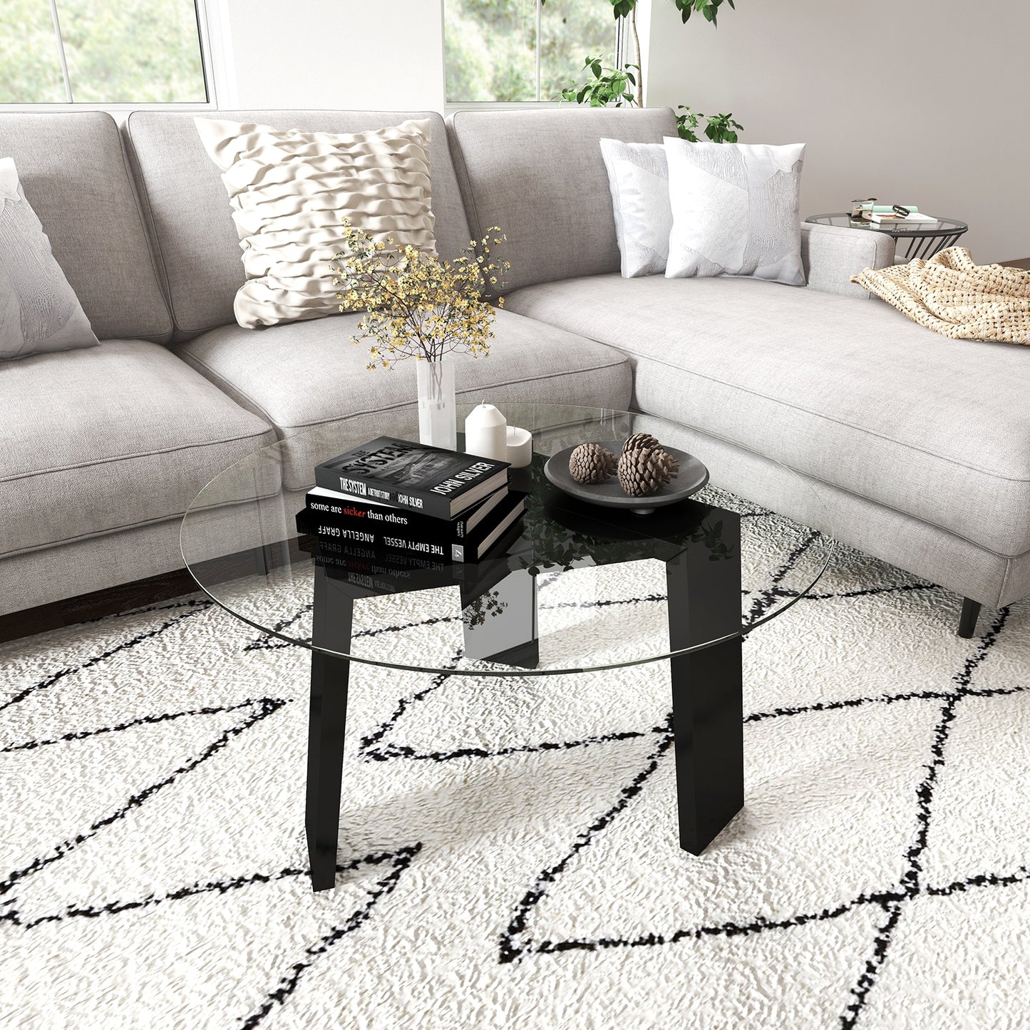 Modern Round Coffee Table with Clear Tempered Glass Top and Solid Rubber Wood Legs