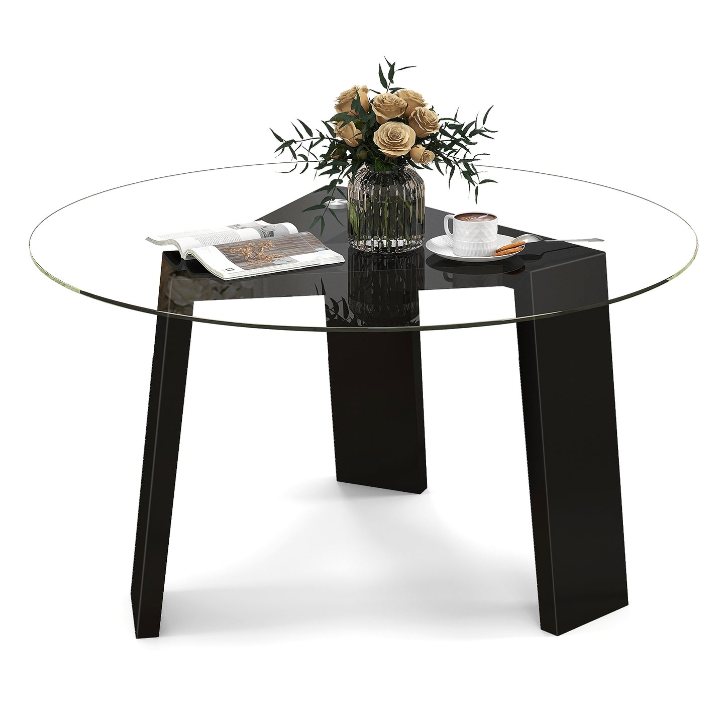 Modern Round Coffee Table with Clear Tempered Glass Top and Solid Rubber Wood Legs