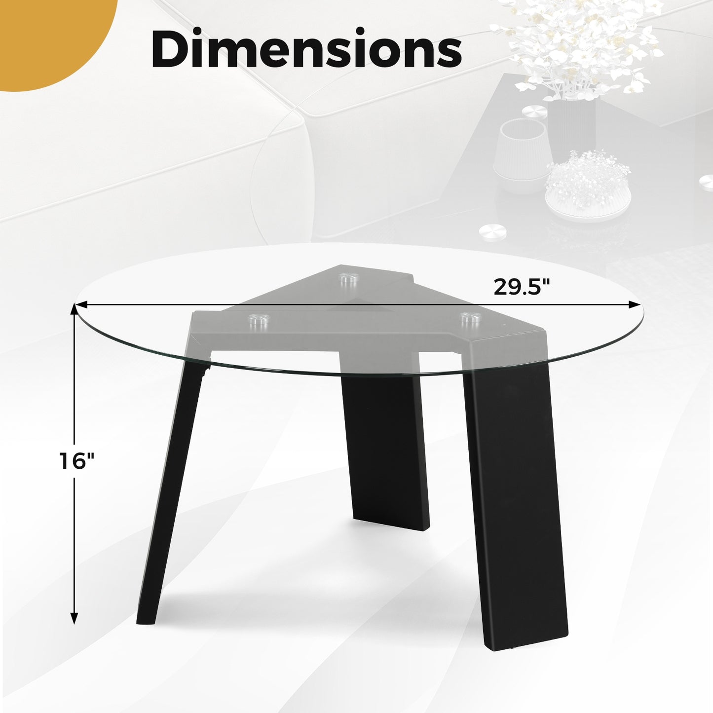 Modern Round Coffee Table with Clear Tempered Glass Top and Solid Rubber Wood Legs