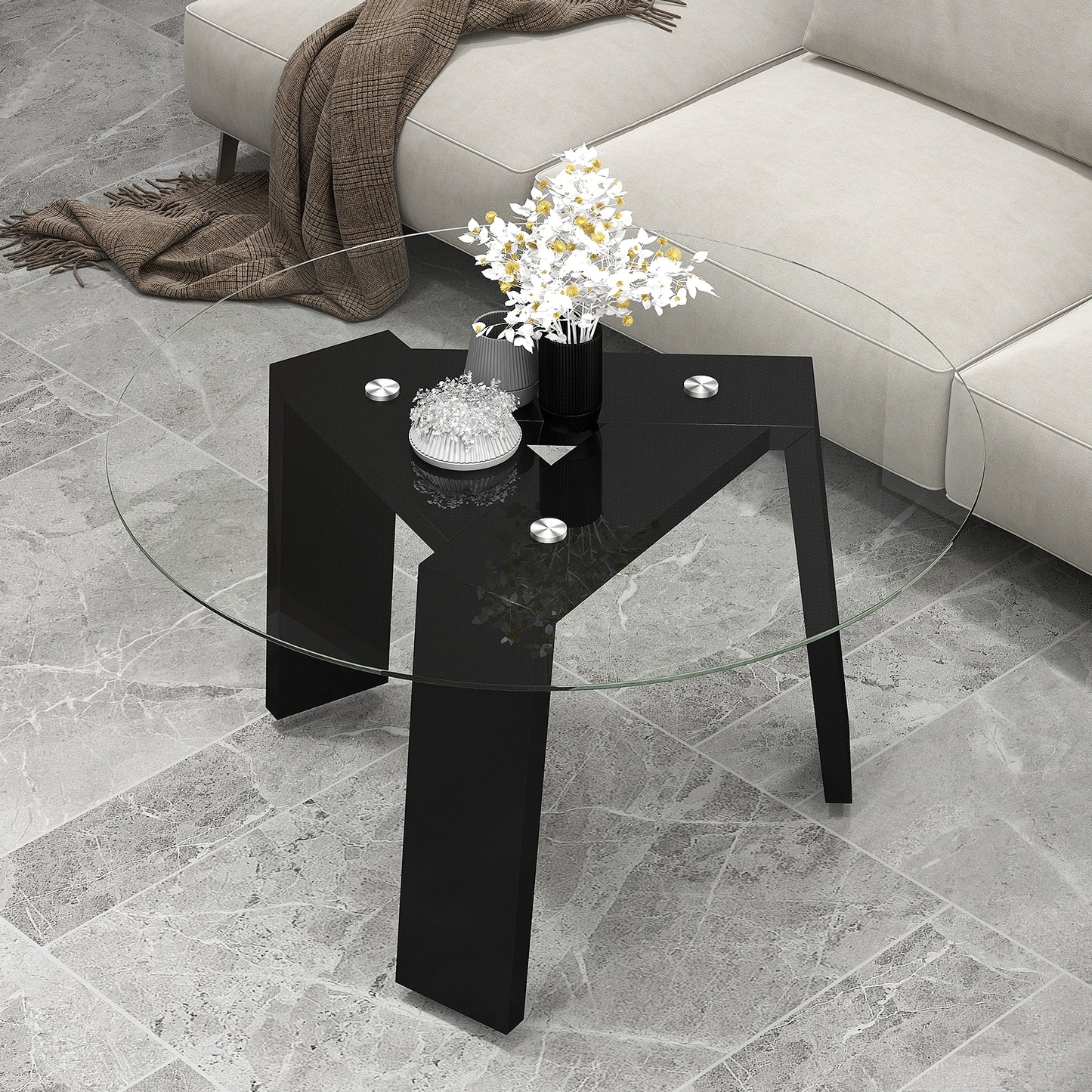 Modern Round Coffee Table with Clear Tempered Glass Top and Solid Rubber Wood Legs