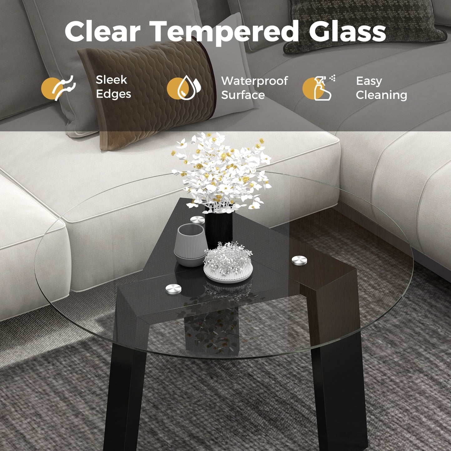Modern Round Coffee Table with Clear Tempered Glass Top and Solid Rubber Wood Legs