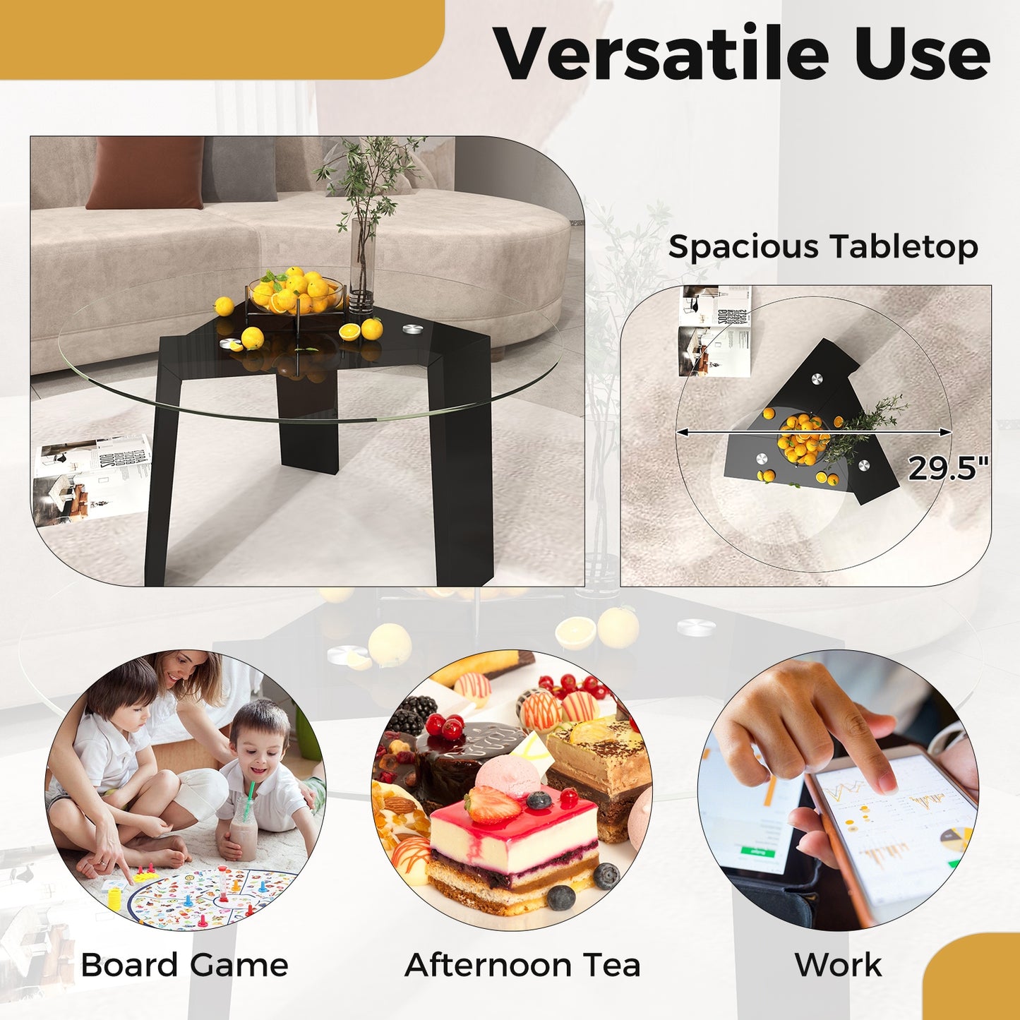 Modern Round Coffee Table with Clear Tempered Glass Top and Solid Rubber Wood Legs