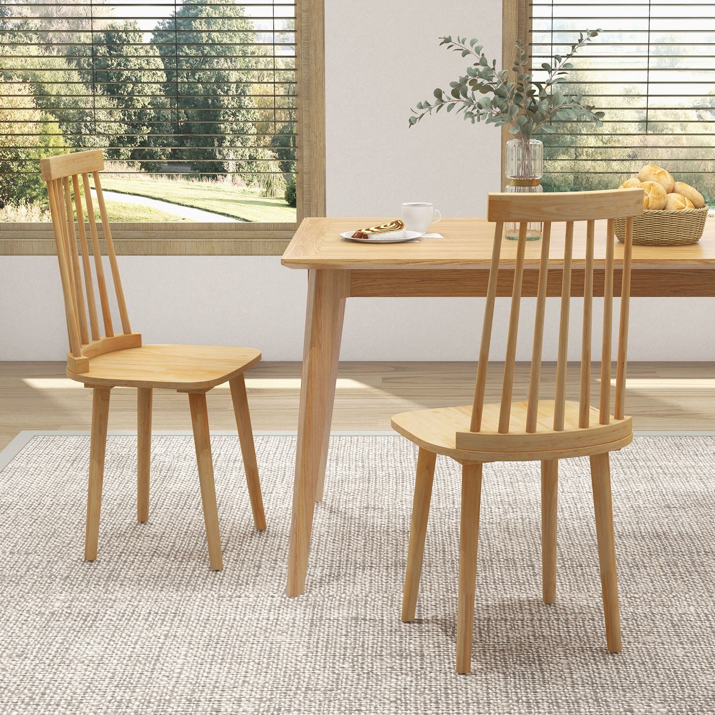 Set of 2 Windsor Dining Chairs with Spindle Back and Natural Rubber Wood Legs