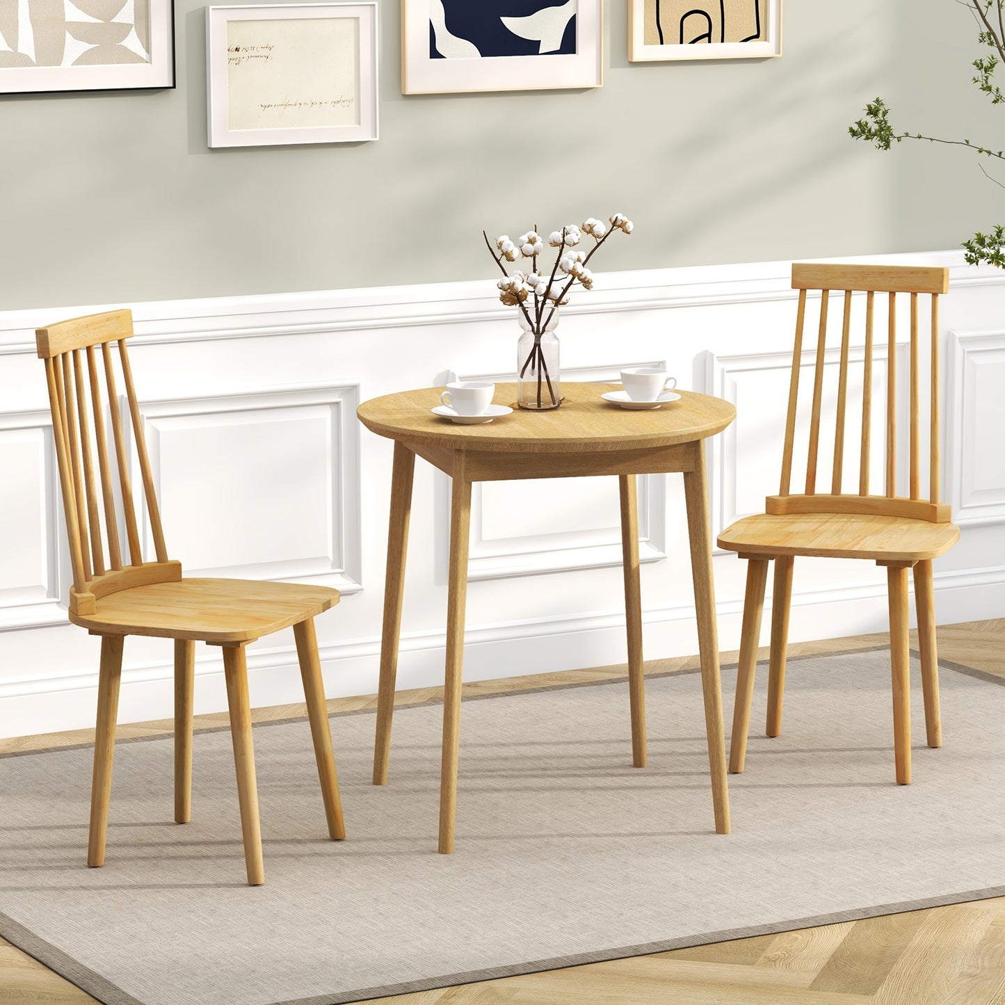 Set of 2 Windsor Dining Chairs with Spindle Back and Natural Rubber Wood Legs