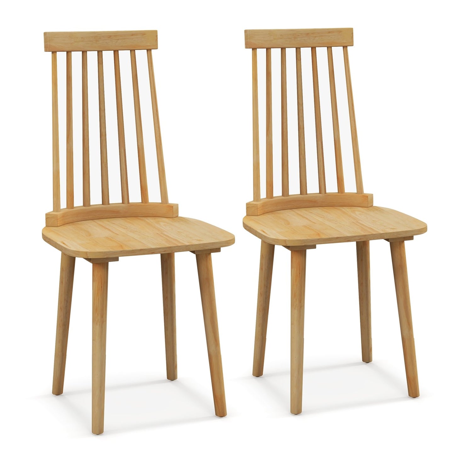Set of 2 Windsor Dining Chairs with Spindle Back and Natural Rubber Wood Legs