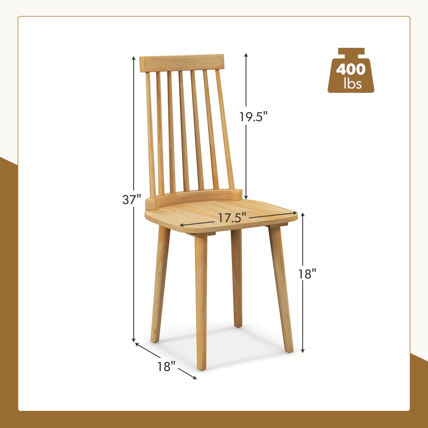 Set of 2 Windsor Dining Chairs with Spindle Back and Natural Rubber Wood Legs