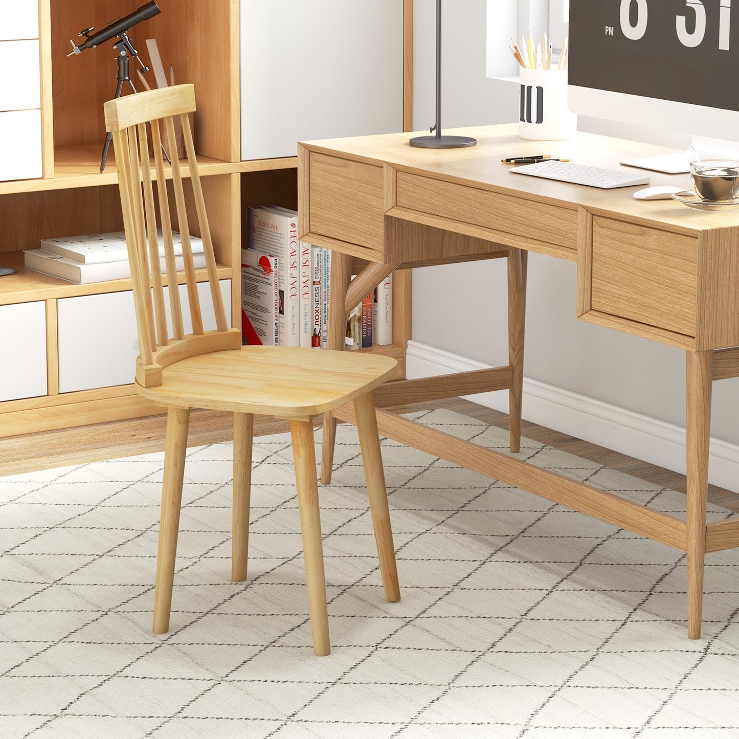 Set of 2 Windsor Dining Chairs with Spindle Back and Natural Rubber Wood Legs