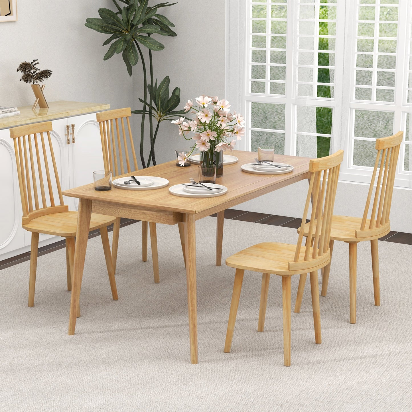 Set of 2 Windsor Dining Chairs with Spindle Back and Natural Rubber Wood Legs