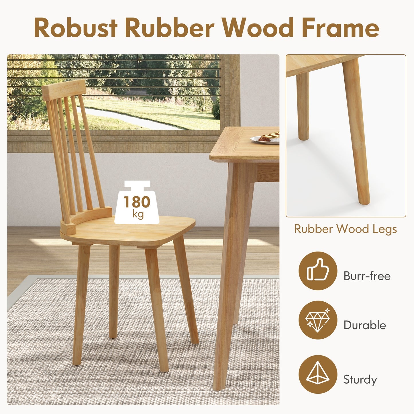 Set of 2 Windsor Dining Chairs with Spindle Back and Natural Rubber Wood Legs