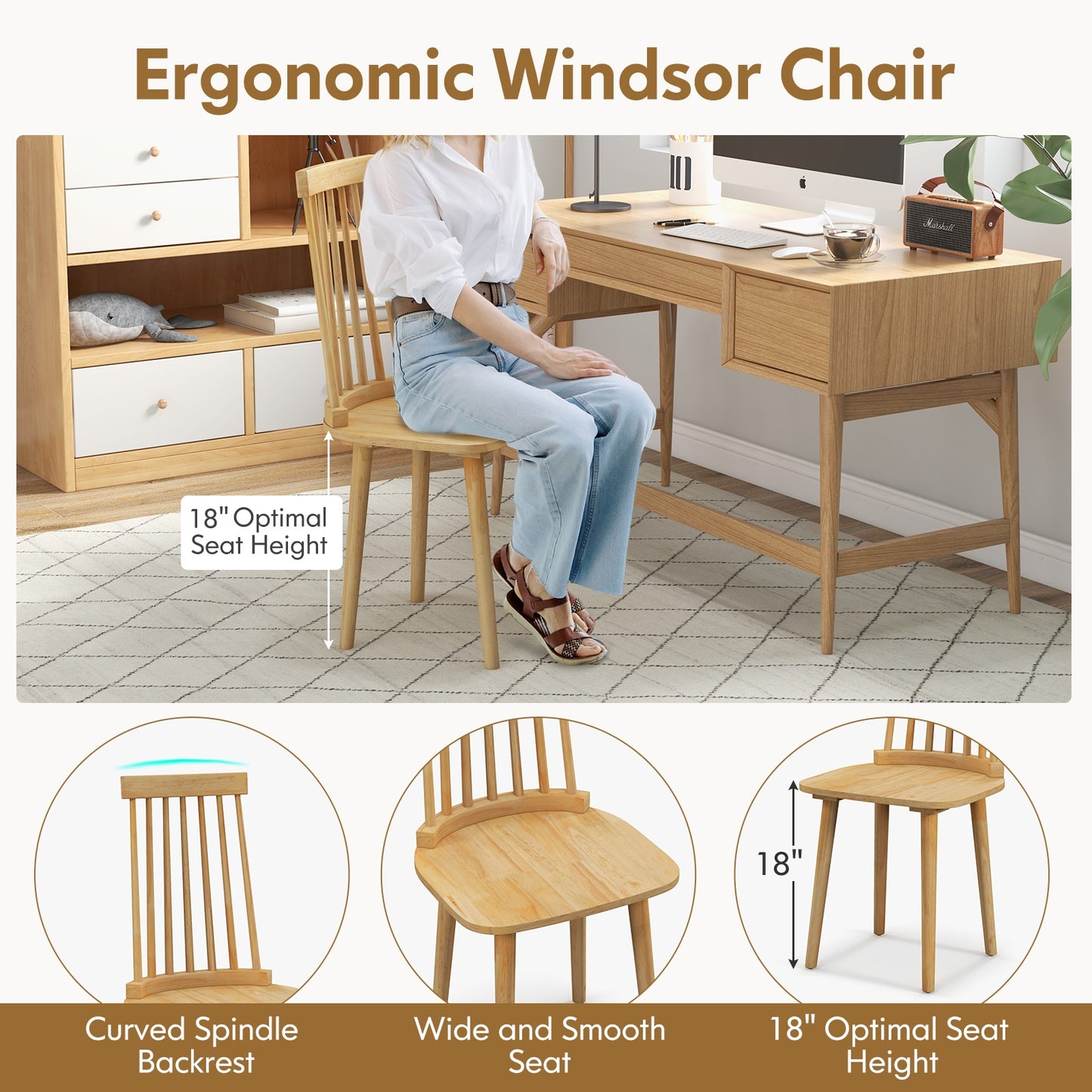 Set of 2 Windsor Dining Chairs with Spindle Back and Natural Rubber Wood Legs