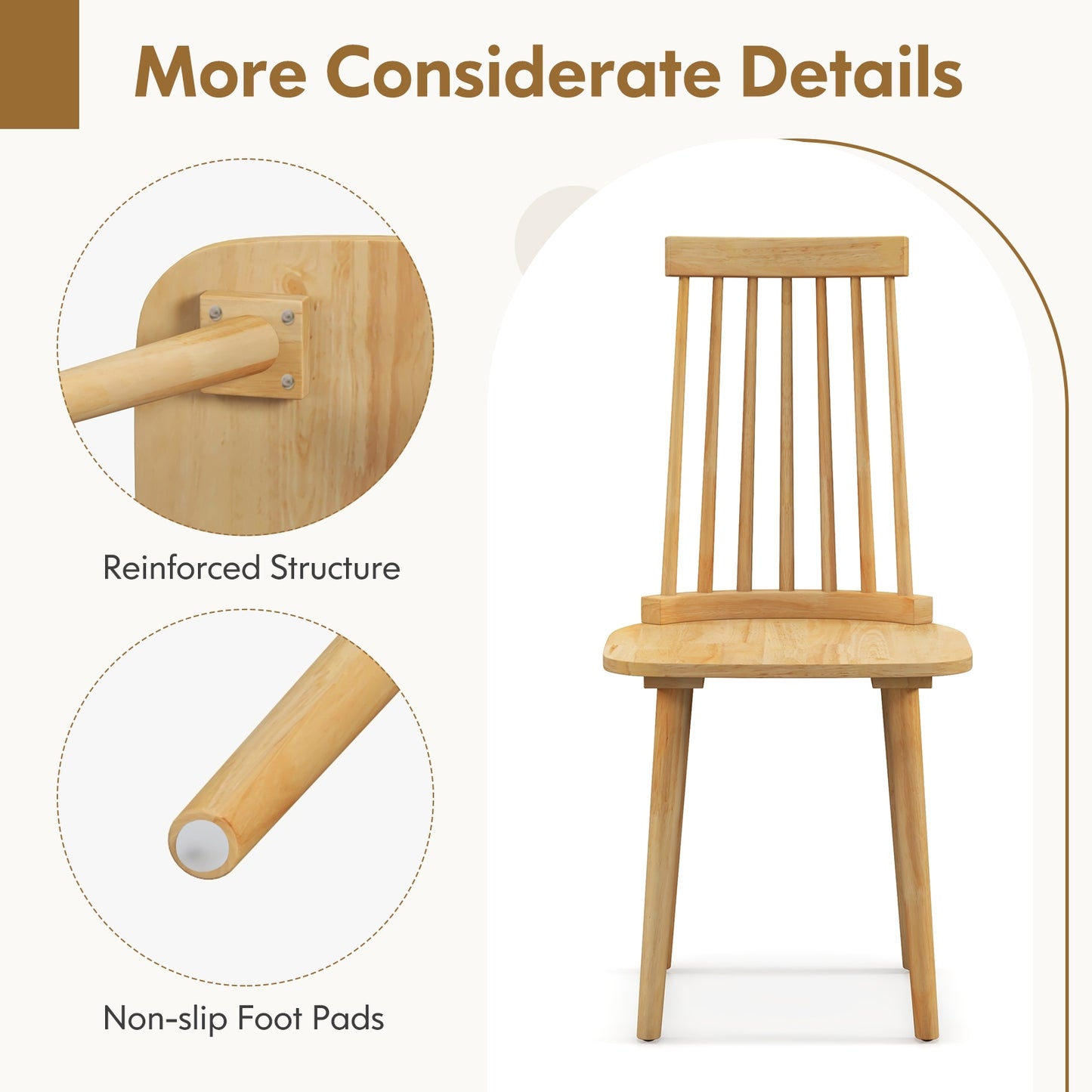 Set of 2 Windsor Dining Chairs with Spindle Back and Natural Rubber Wood Legs