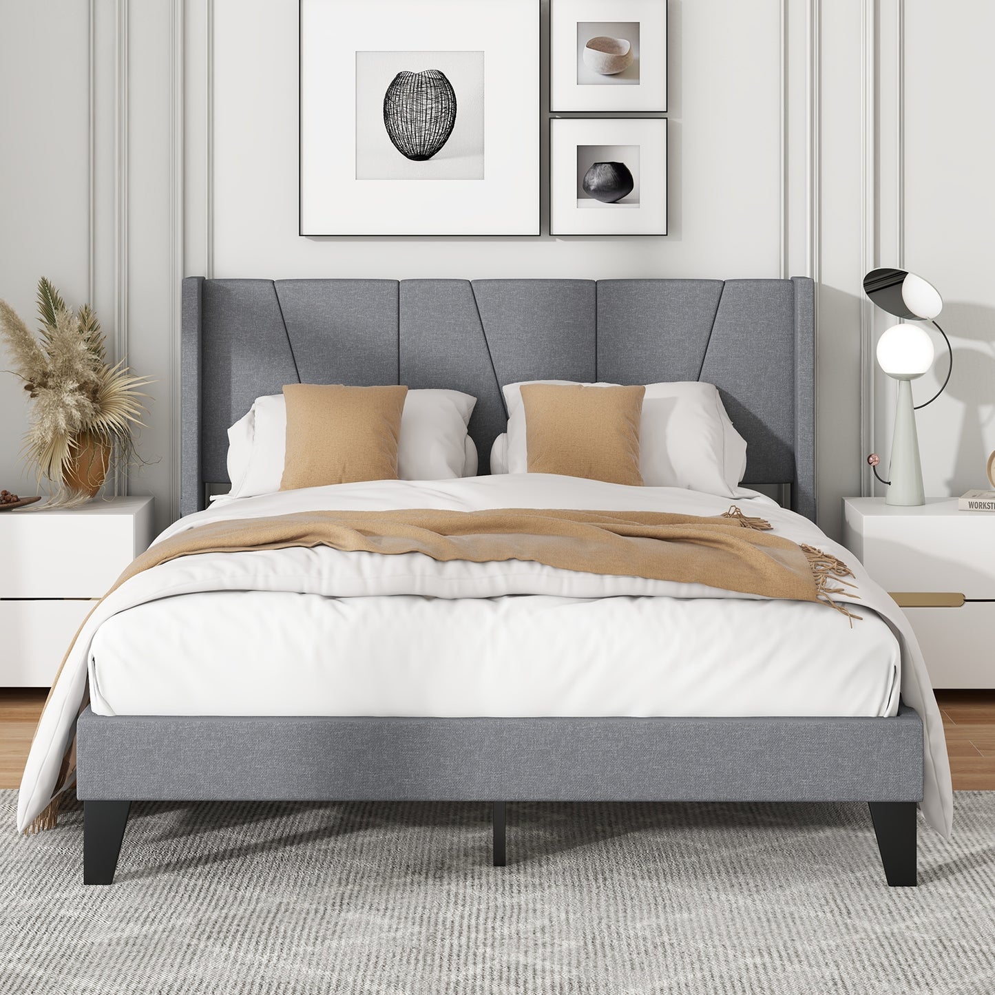 Elegant Full/Queen Bed Frame with Wingback Headboard and Wooden Slat Support