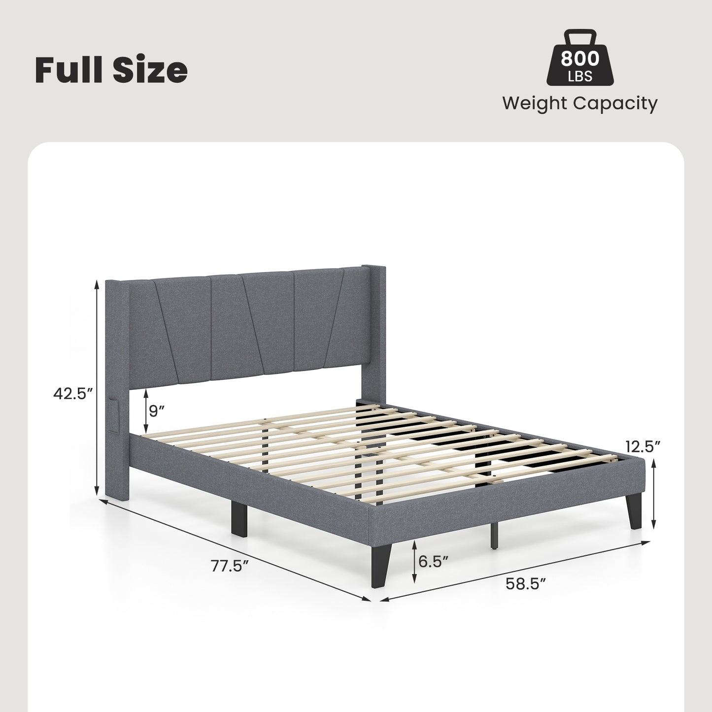 Elegant Full/Queen Bed Frame with Wingback Headboard and Wooden Slat Support