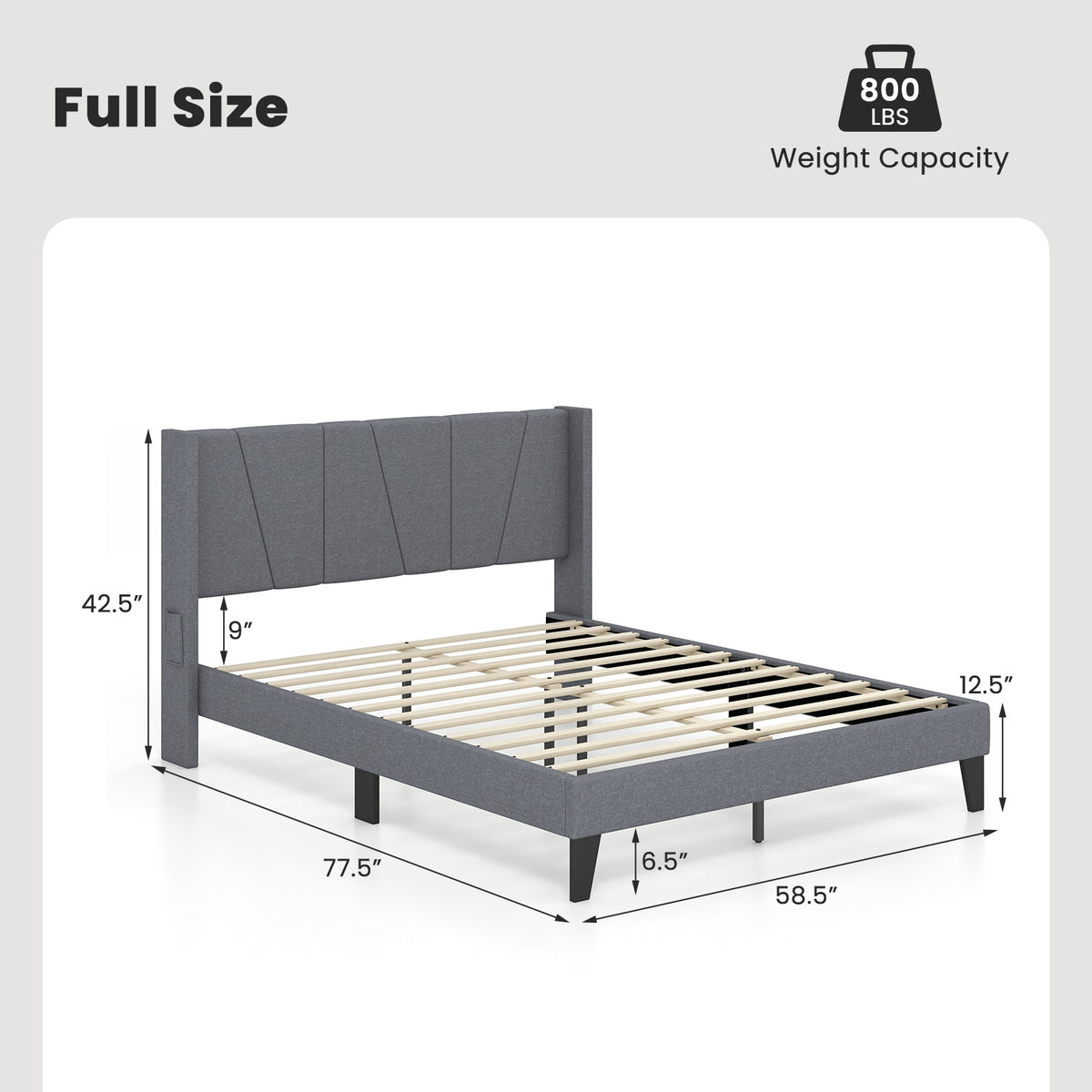Elegant Full/Queen Bed Frame with Wingback Headboard and Wooden Slat Support