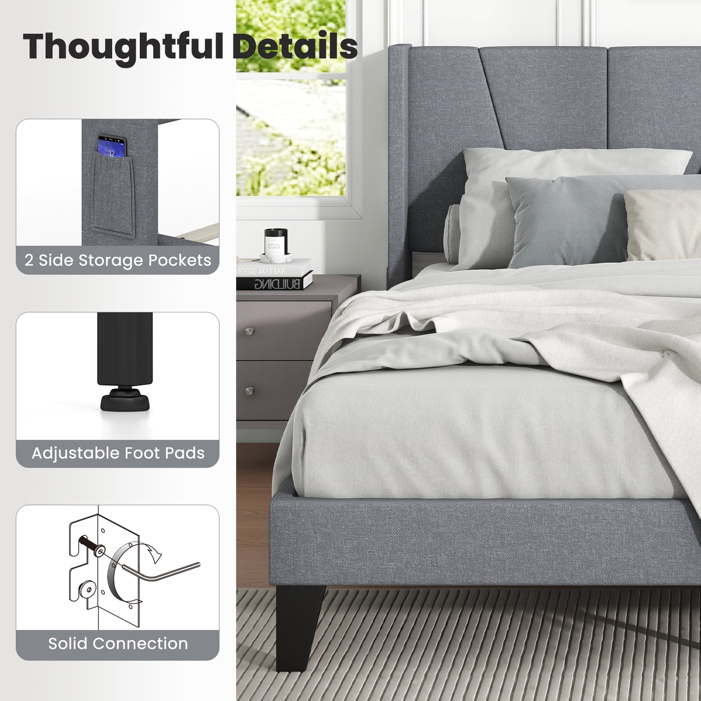 Elegant Full/Queen Bed Frame with Wingback Headboard and Wooden Slat Support