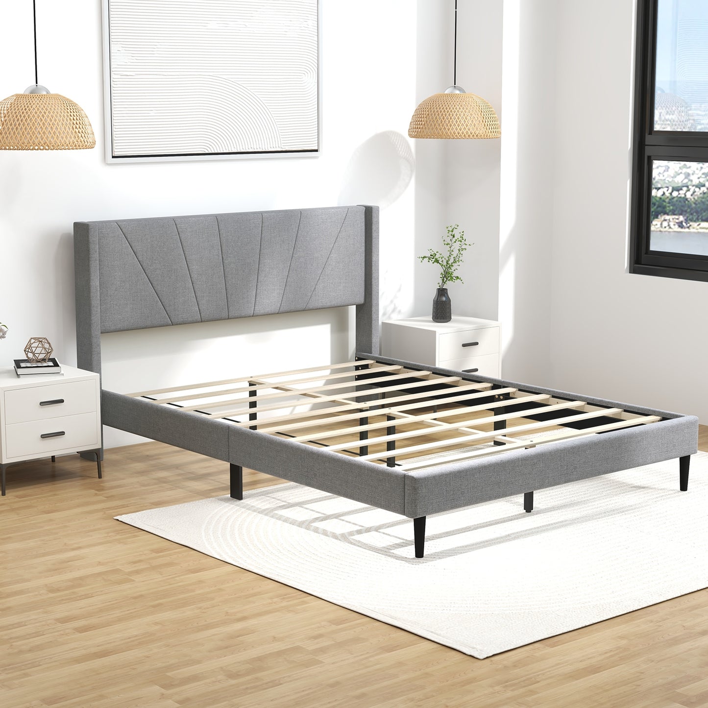 Elegant Linen Upholstered Wingback Bed Frame - Queen Size