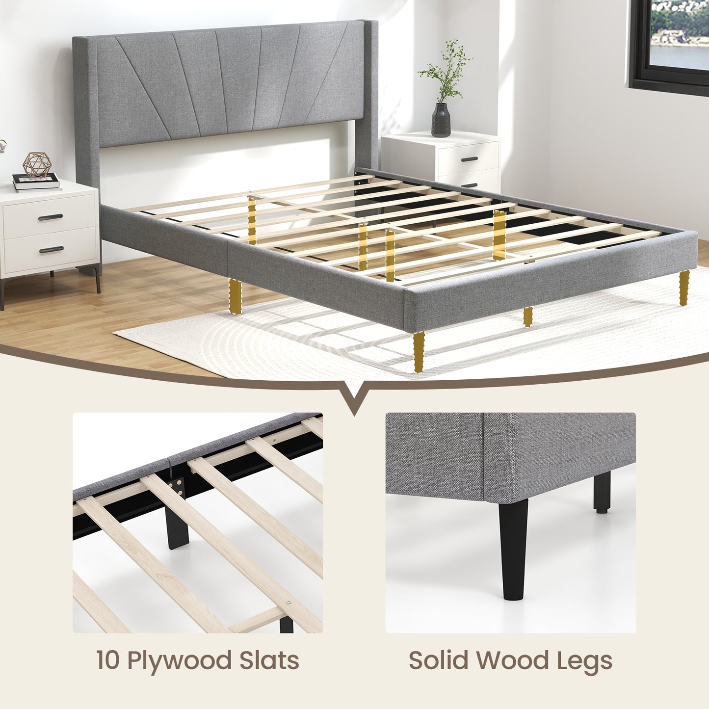 Elegant Linen Upholstered Wingback Bed Frame - Queen Size