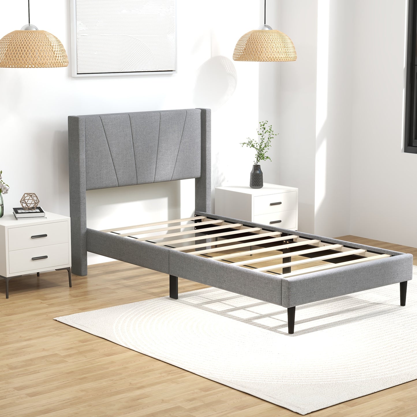 Elegant Linen Upholstered Wingback Bed Frame - Twin Size