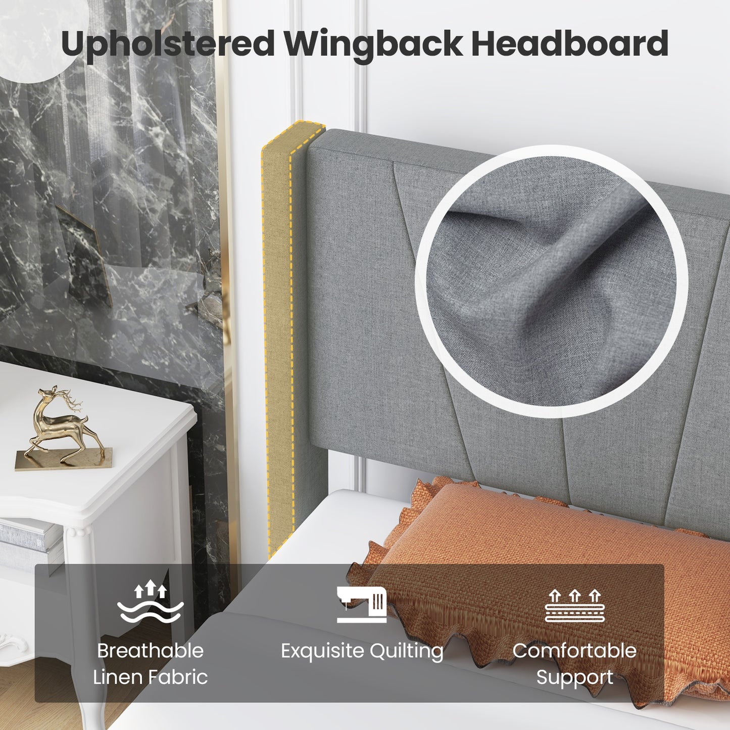Elegant Linen Upholstered Wingback Bed Frame - Twin Size