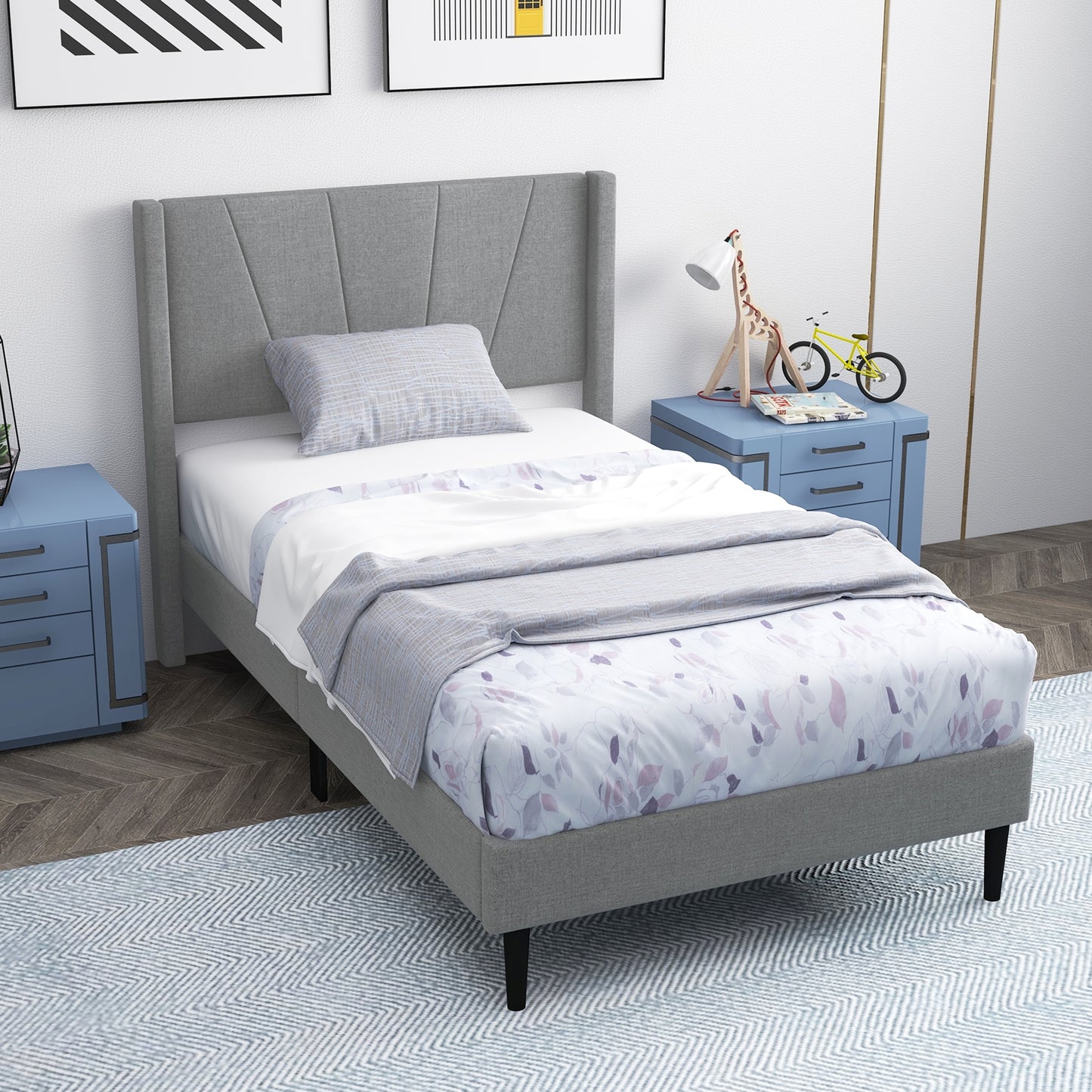 Elegant Linen Upholstered Wingback Bed Frame - Twin Size