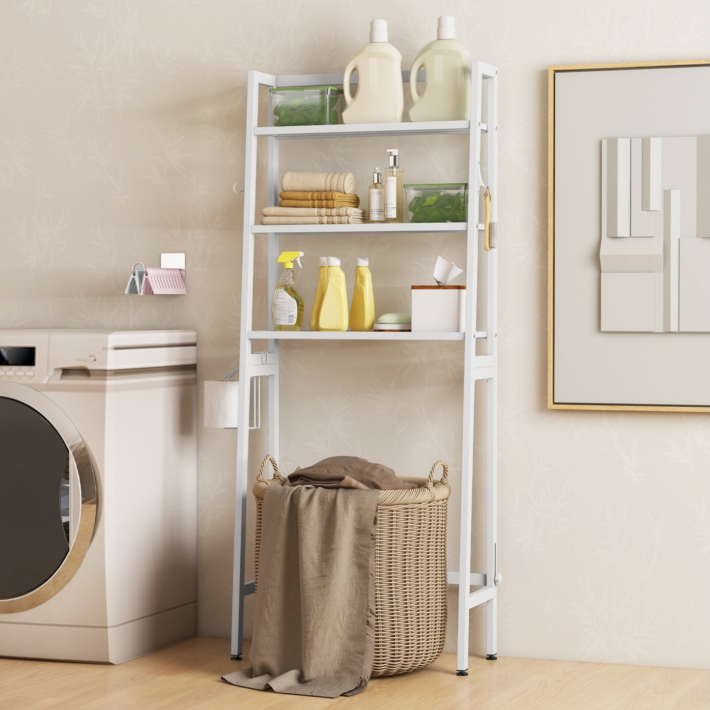 3 Tier Over-the-Toilet Storage Rack with Adjustable Height and Extra Hooks