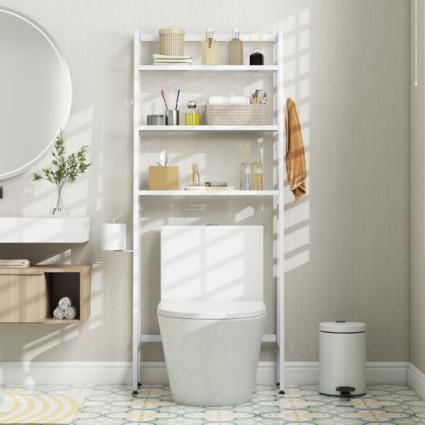 3 Tier Over-the-Toilet Storage Rack with Adjustable Height and Extra Hooks