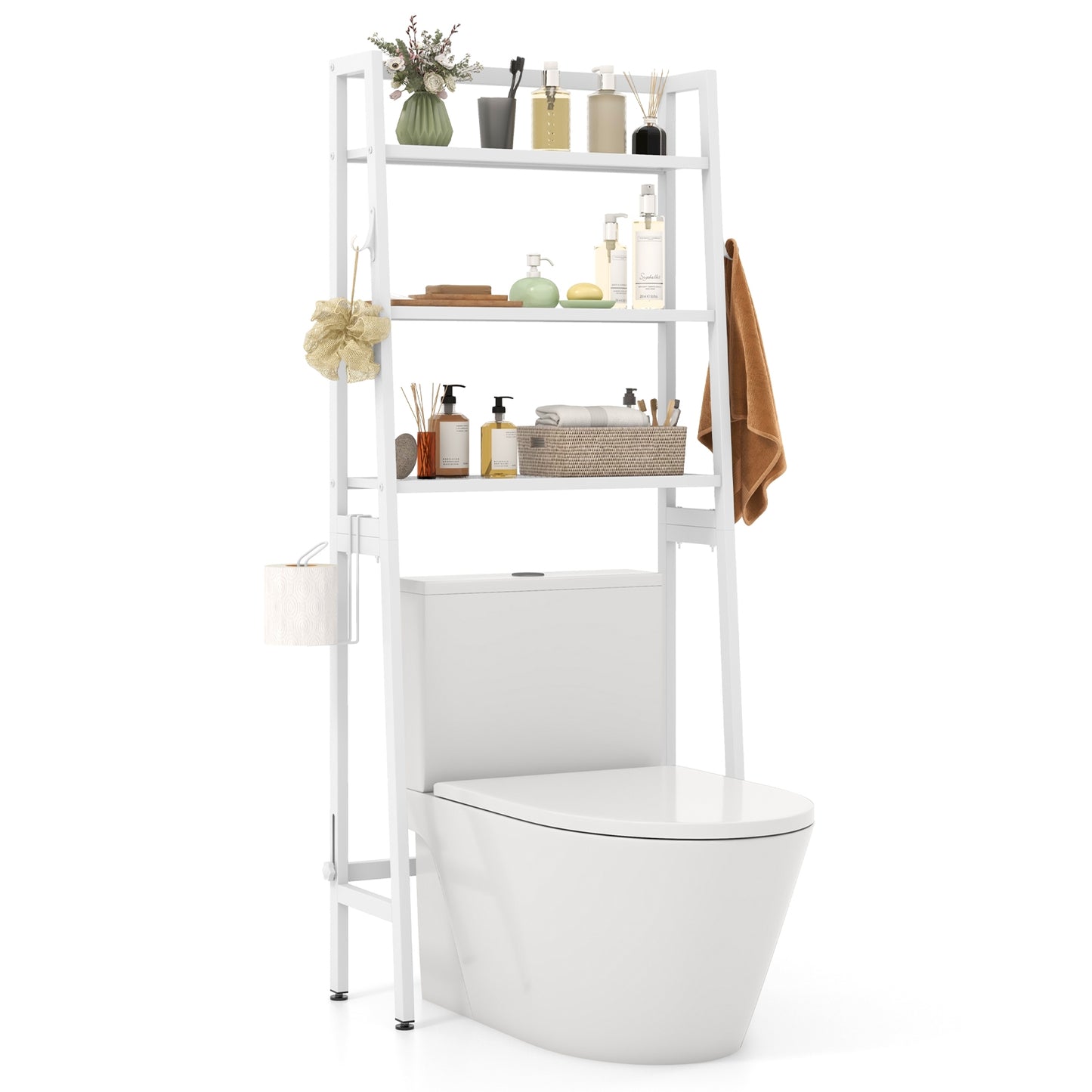 3 Tier Over-the-Toilet Storage Rack with Adjustable Height and Extra Hooks