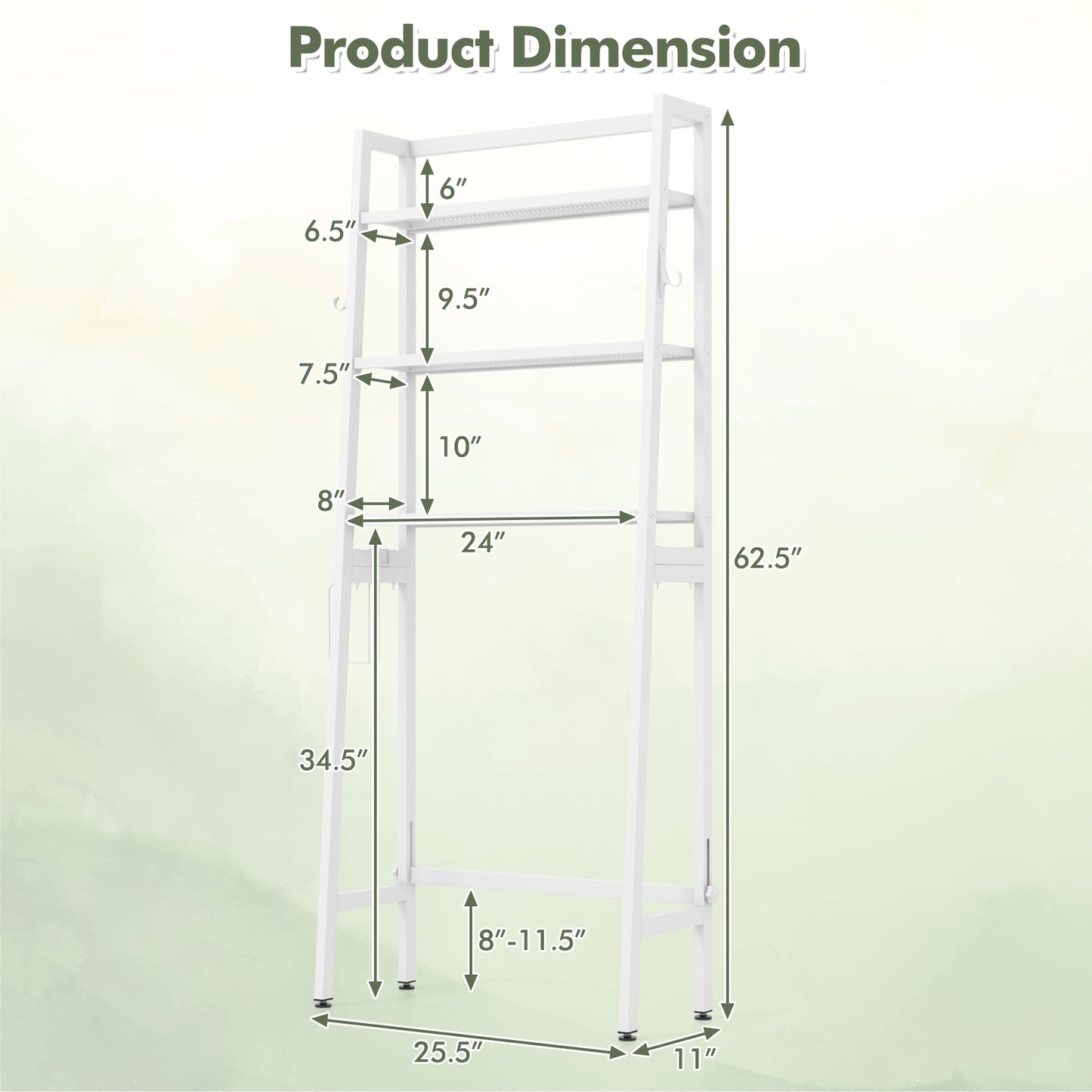 3 Tier Over-the-Toilet Storage Rack with Adjustable Height and Extra Hooks