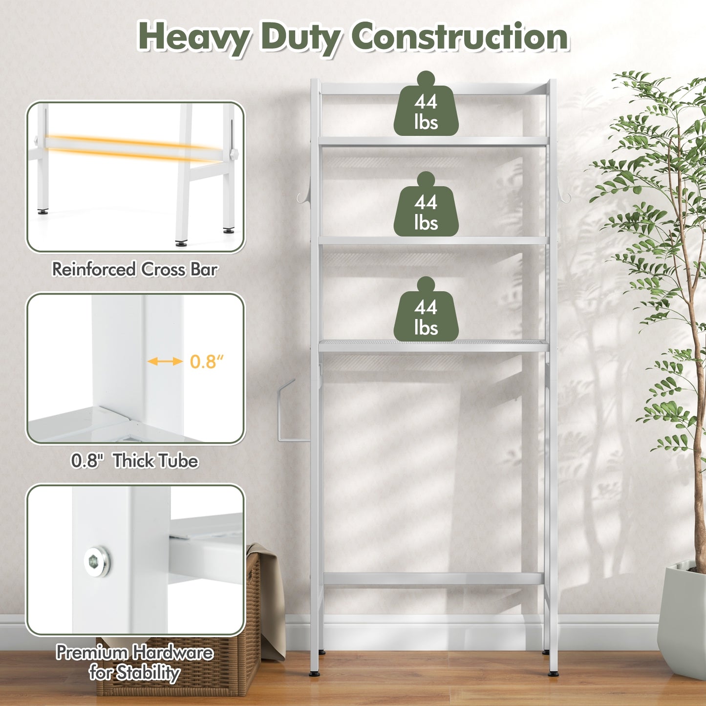 3 Tier Over-the-Toilet Storage Rack with Adjustable Height and Extra Hooks
