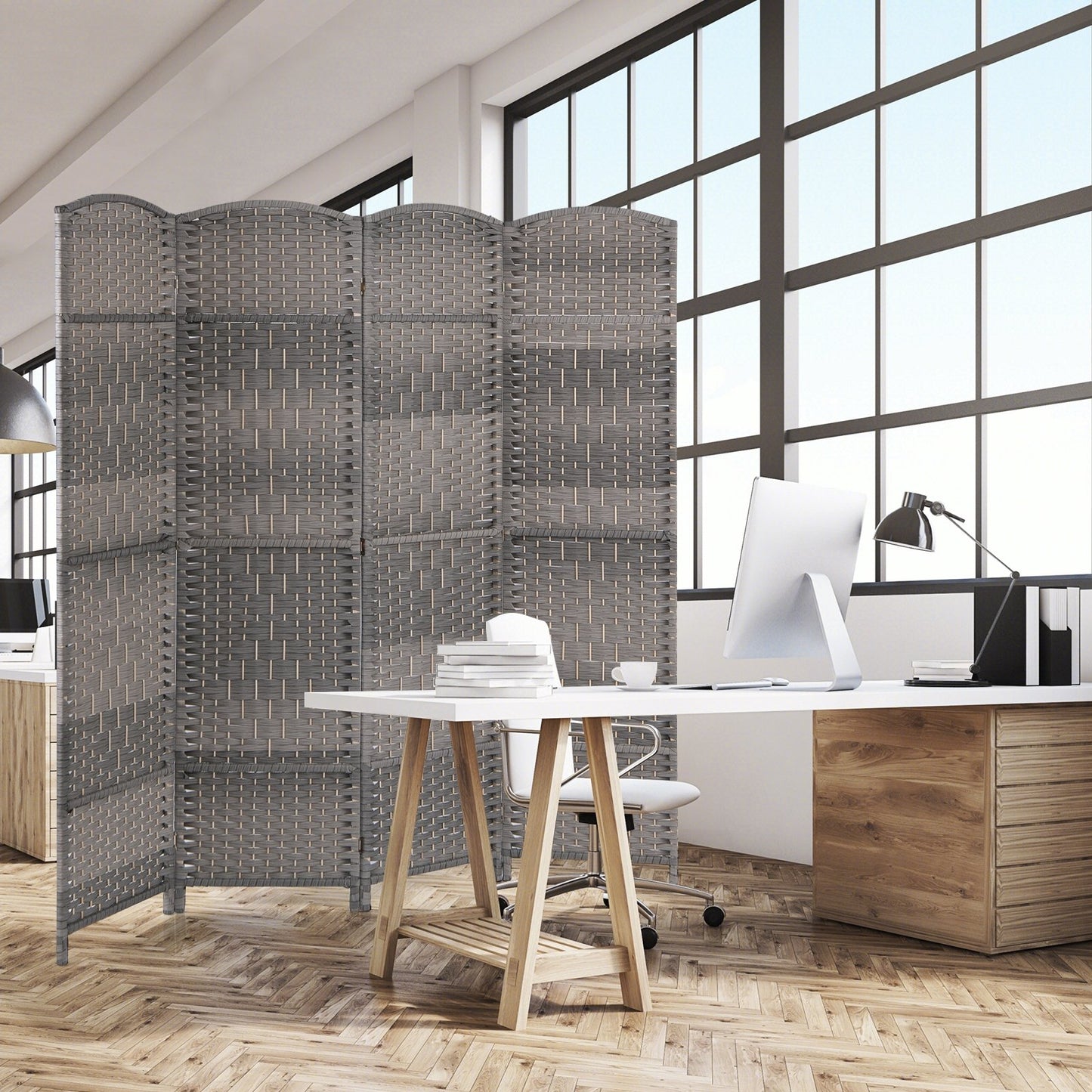 4 Panel Hand-Woven Folding Privacy Screen for Home Office and Living Room