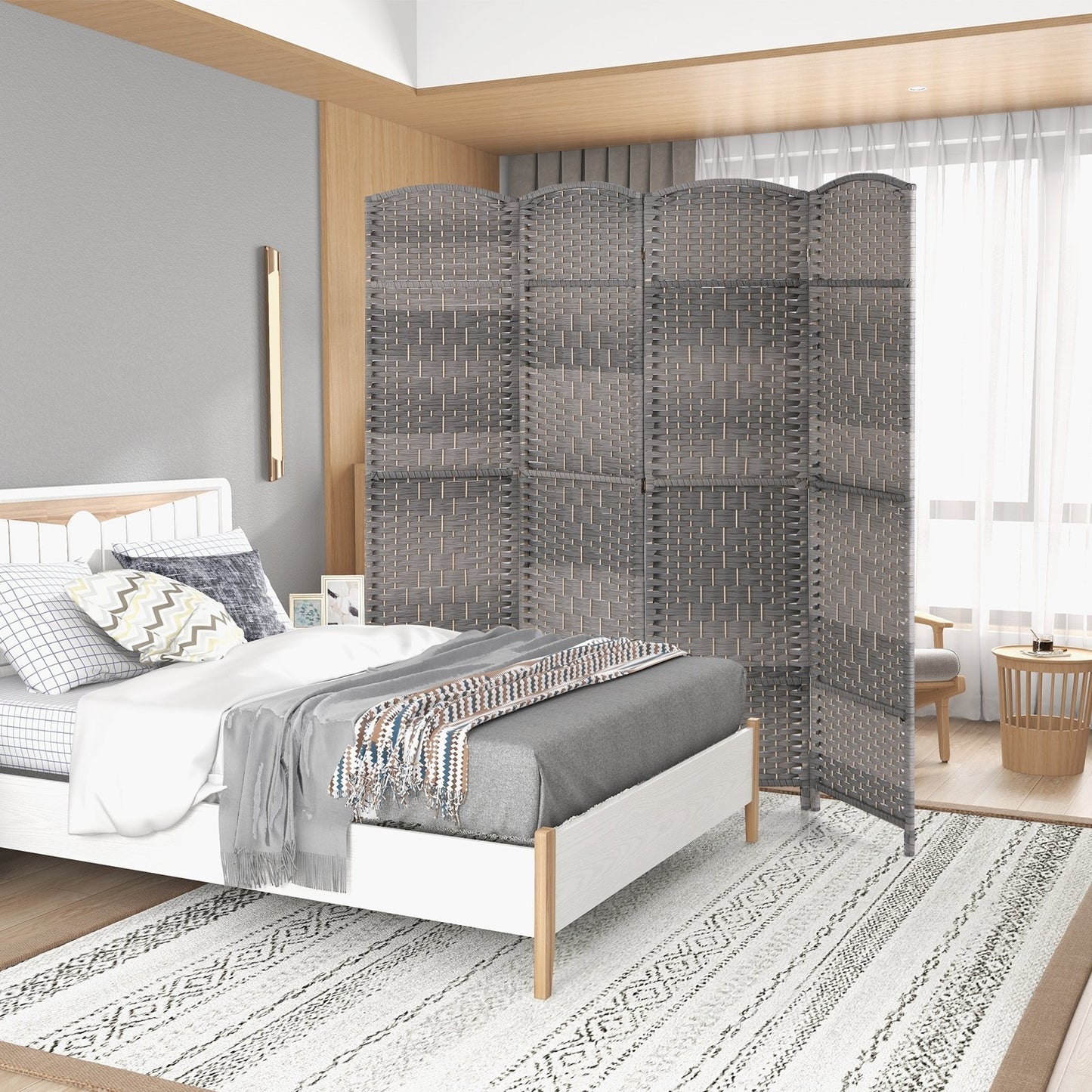 4 Panel Hand-Woven Folding Privacy Screen for Home Office and Living Room