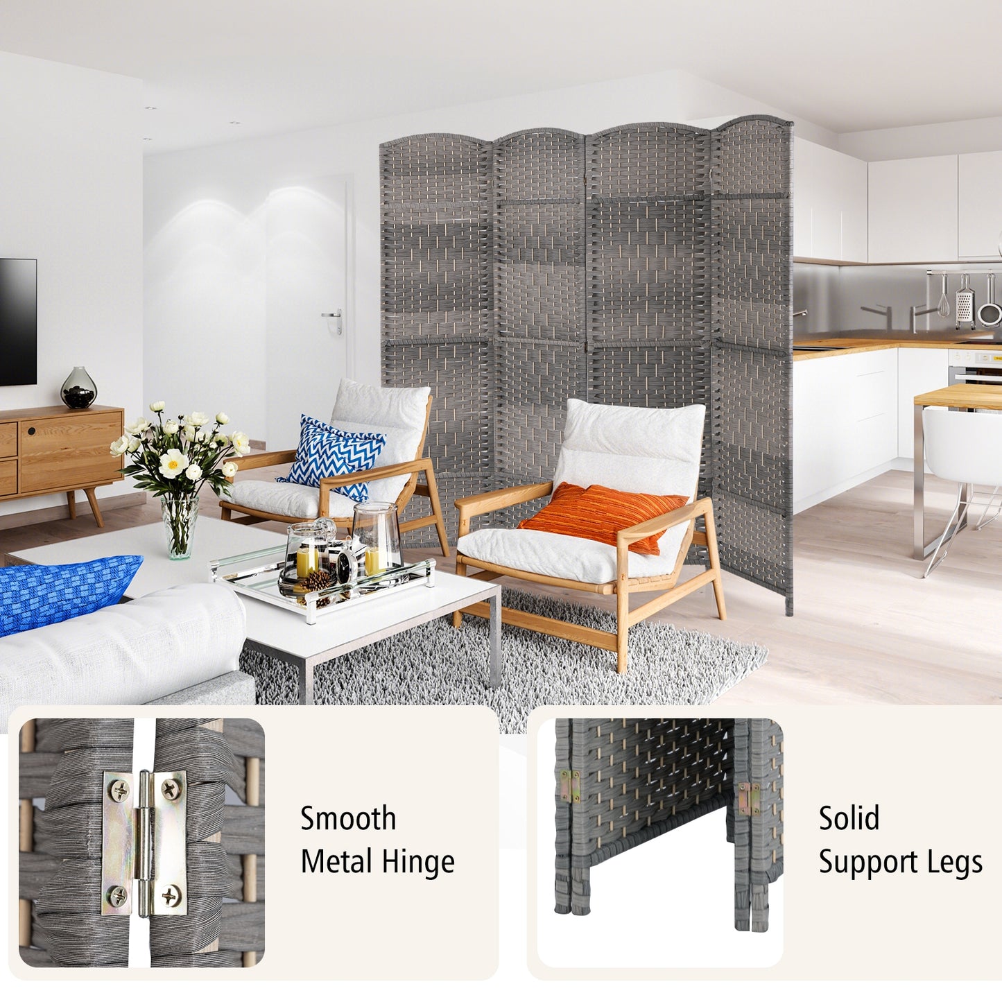 4 Panel Hand-Woven Folding Privacy Screen for Home Office and Living Room