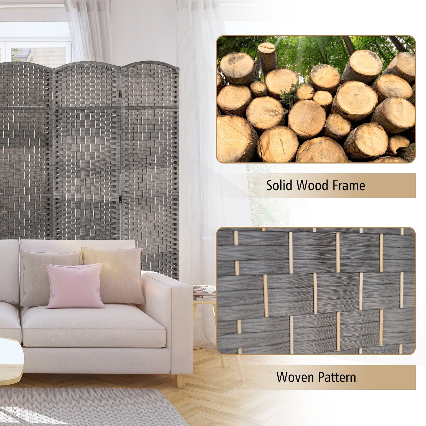 4 Panel Hand-Woven Folding Privacy Screen for Home Office and Living Room