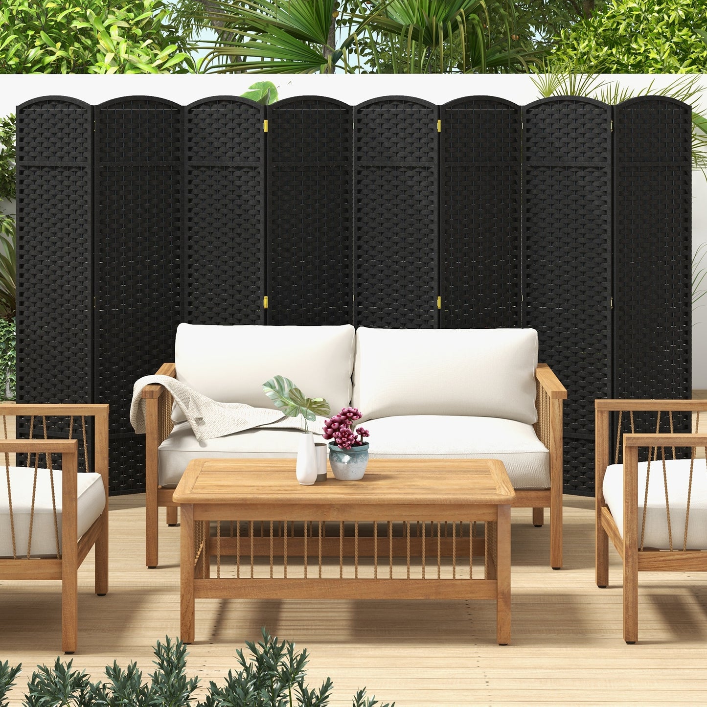 8 Panel Hand-Woven Folding Room Divider with Solid Wood Frame for Privacy - Black