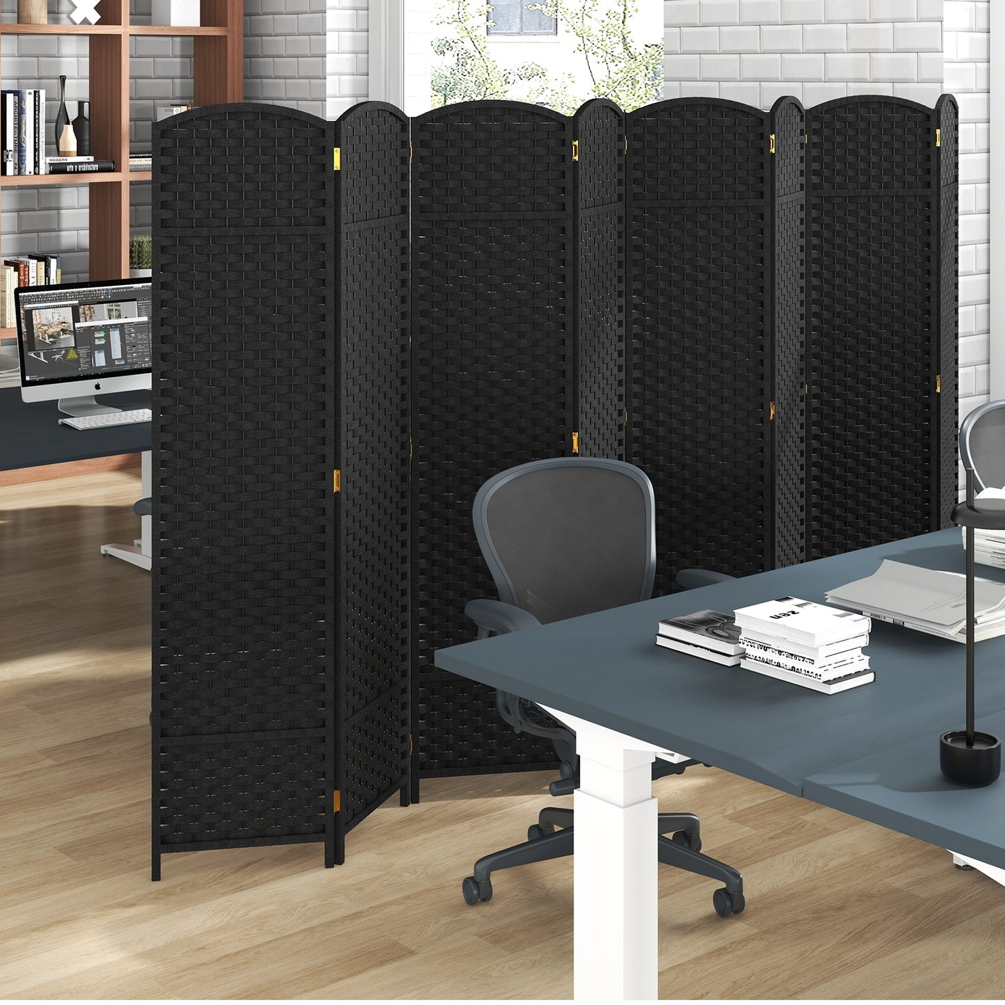8 Panel Hand-Woven Folding Room Divider with Solid Wood Frame for Privacy - Black