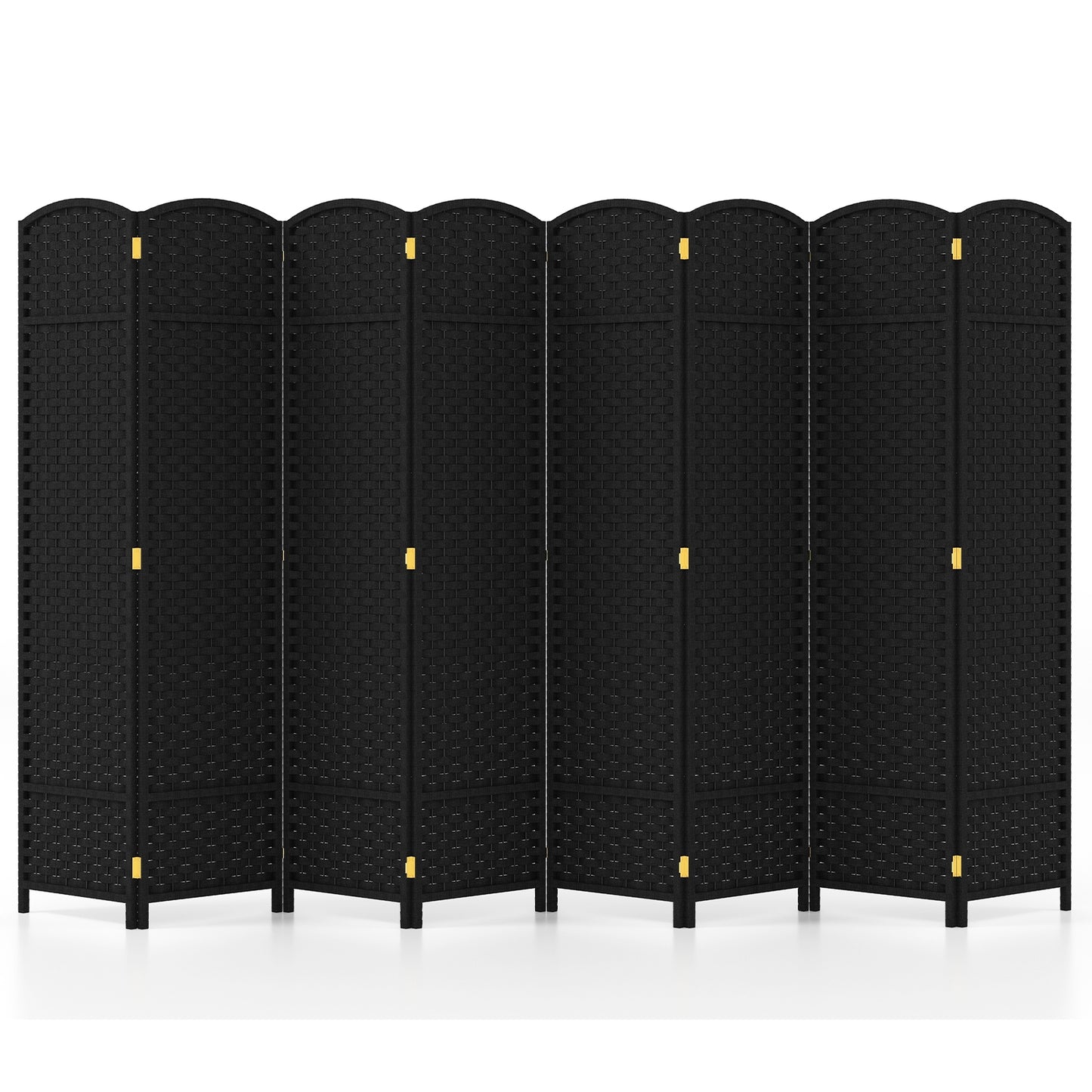 8 Panel Hand-Woven Folding Room Divider with Solid Wood Frame for Privacy - Black