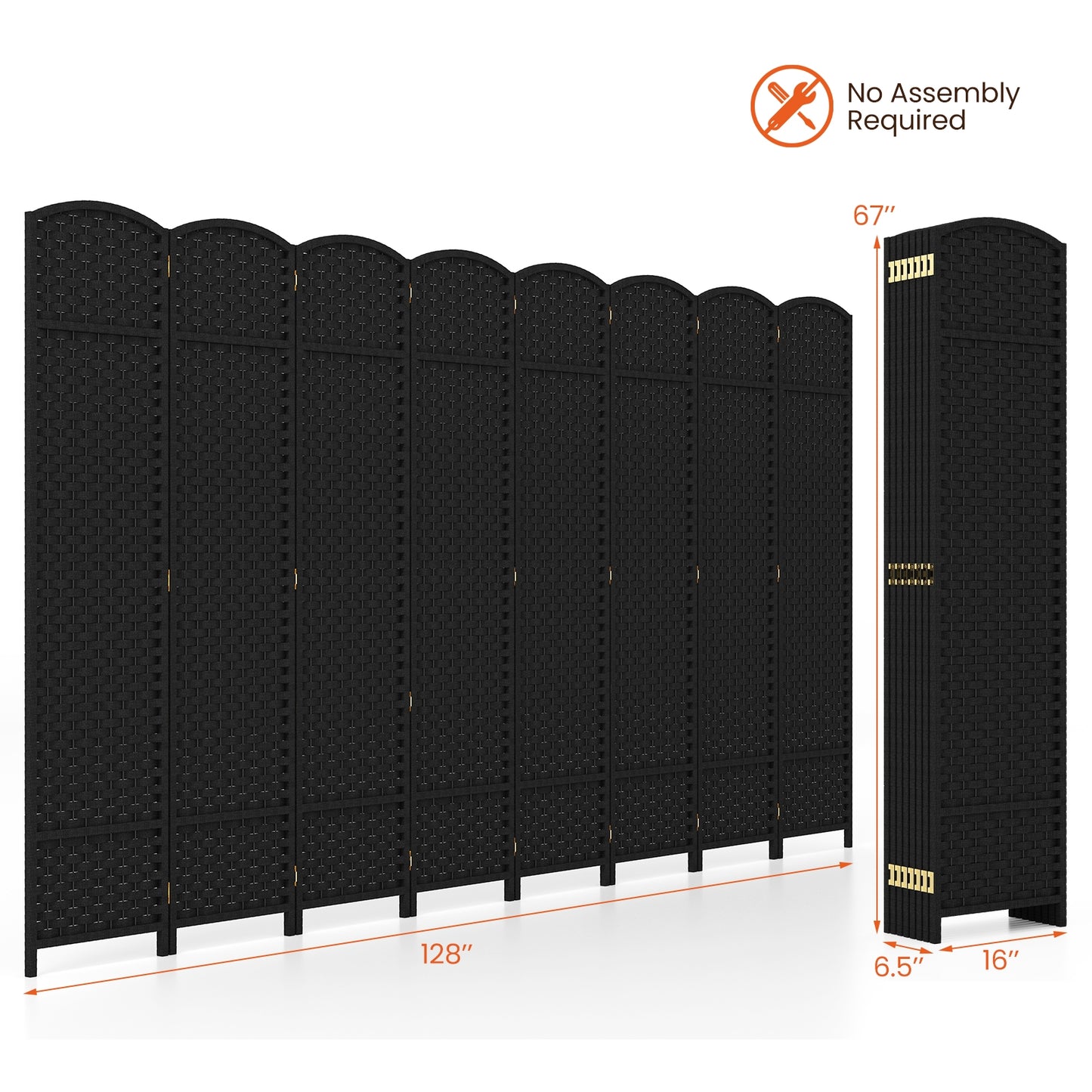 8 Panel Hand-Woven Folding Room Divider with Solid Wood Frame for Privacy - Black