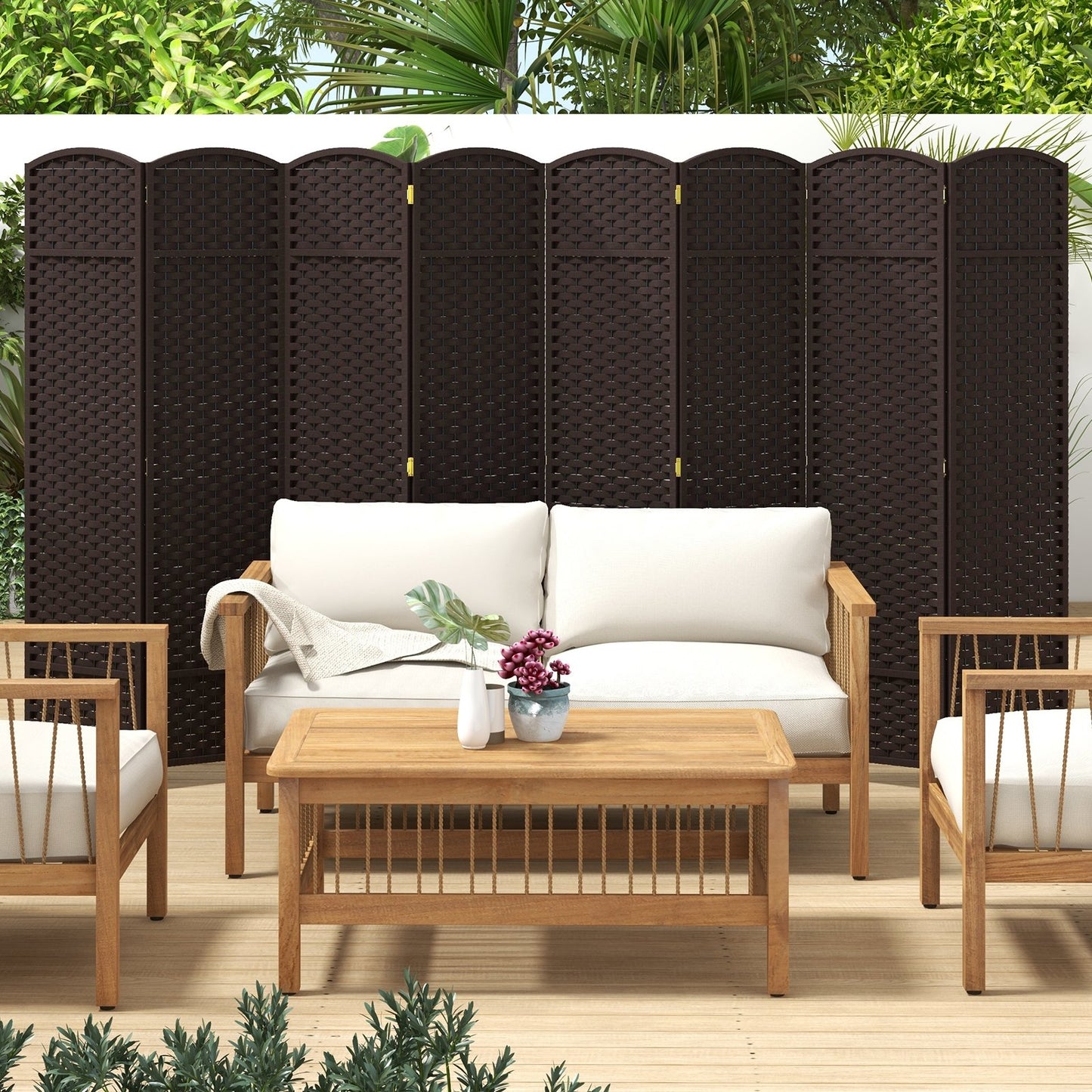 8 Panel Hand-Woven Folding Room Divider with Solid Wood Frame for Privacy - Brown