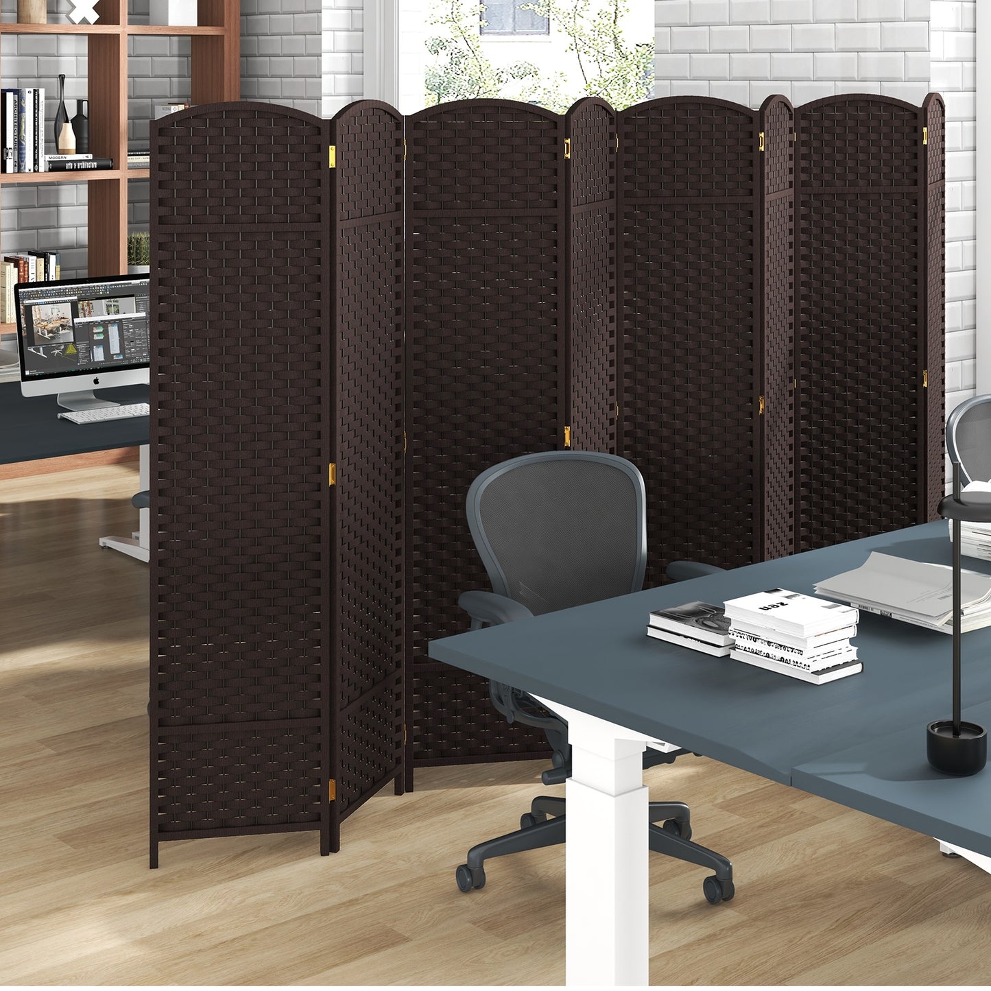 8 Panel Hand-Woven Folding Room Divider with Solid Wood Frame for Privacy - Brown