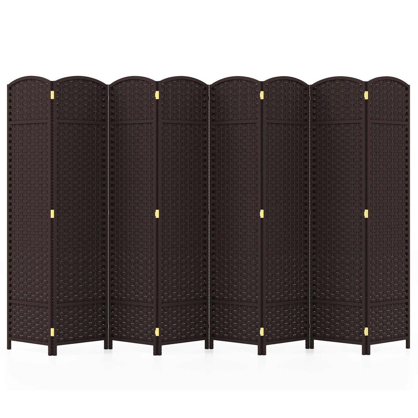 8 Panel Hand-Woven Folding Room Divider with Solid Wood Frame for Privacy - Brown