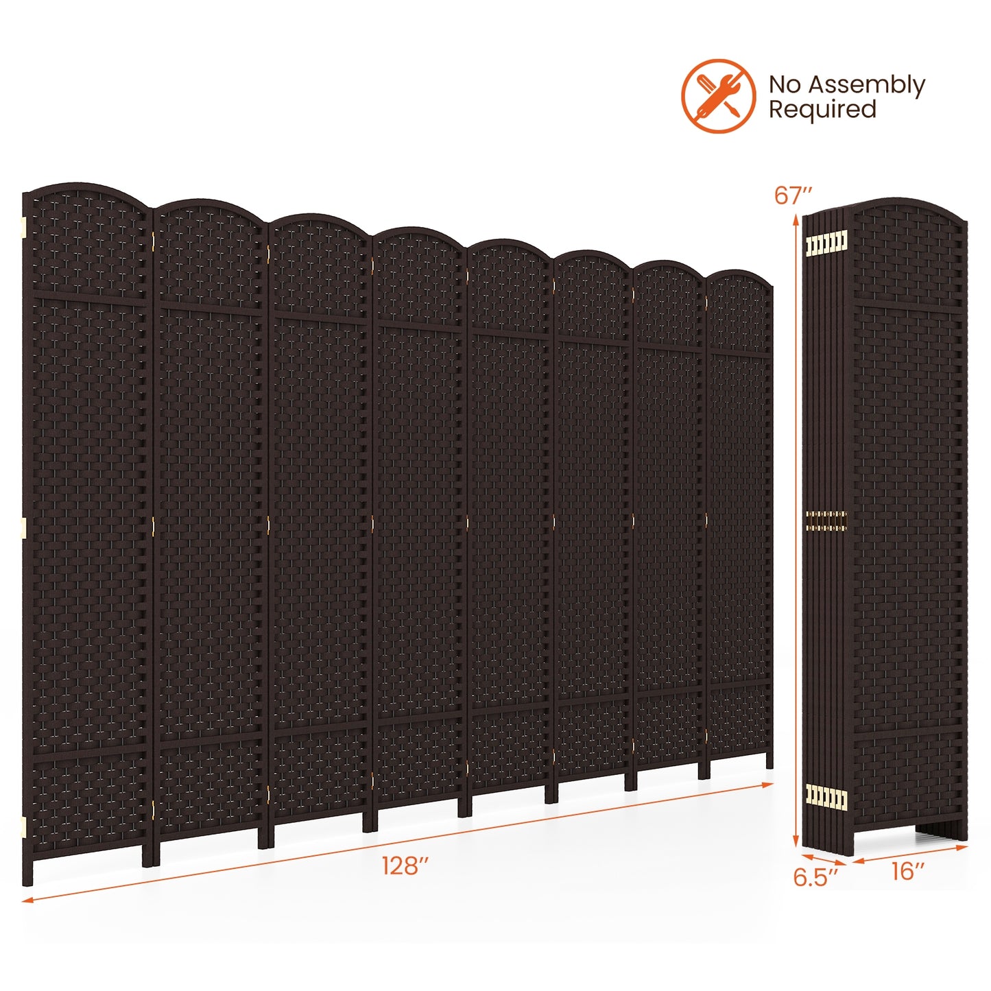8 Panel Hand-Woven Folding Room Divider with Solid Wood Frame for Privacy - Brown