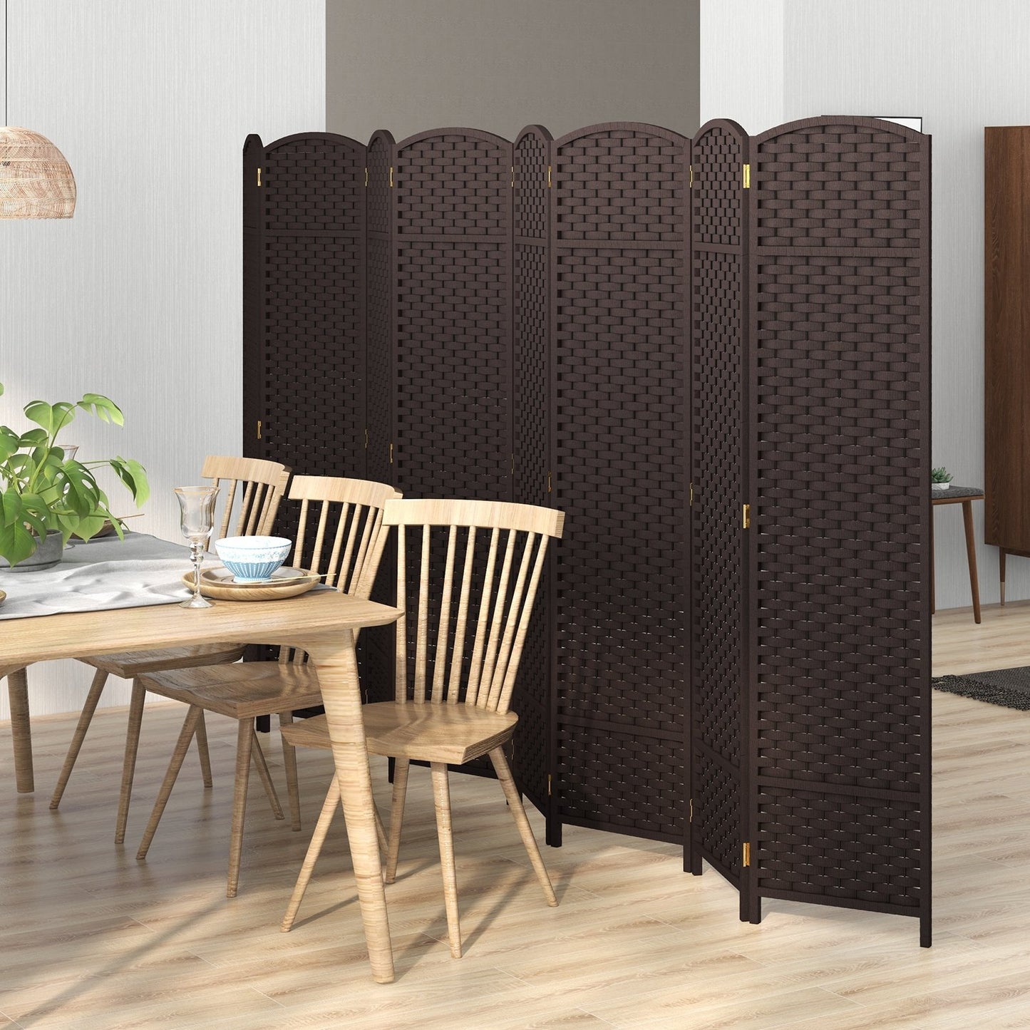 8 Panel Hand-Woven Folding Room Divider with Solid Wood Frame for Privacy - Brown