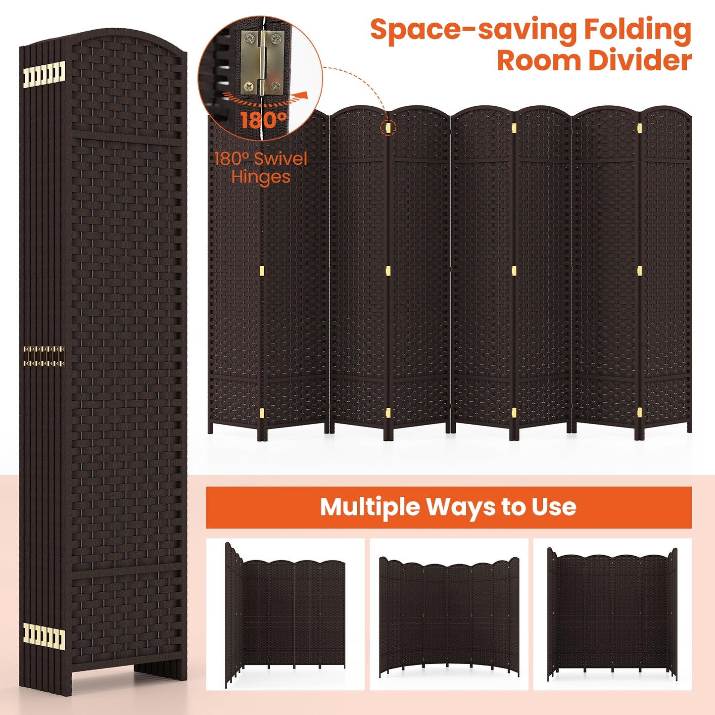 8 Panel Hand-Woven Folding Room Divider with Solid Wood Frame for Privacy - Brown