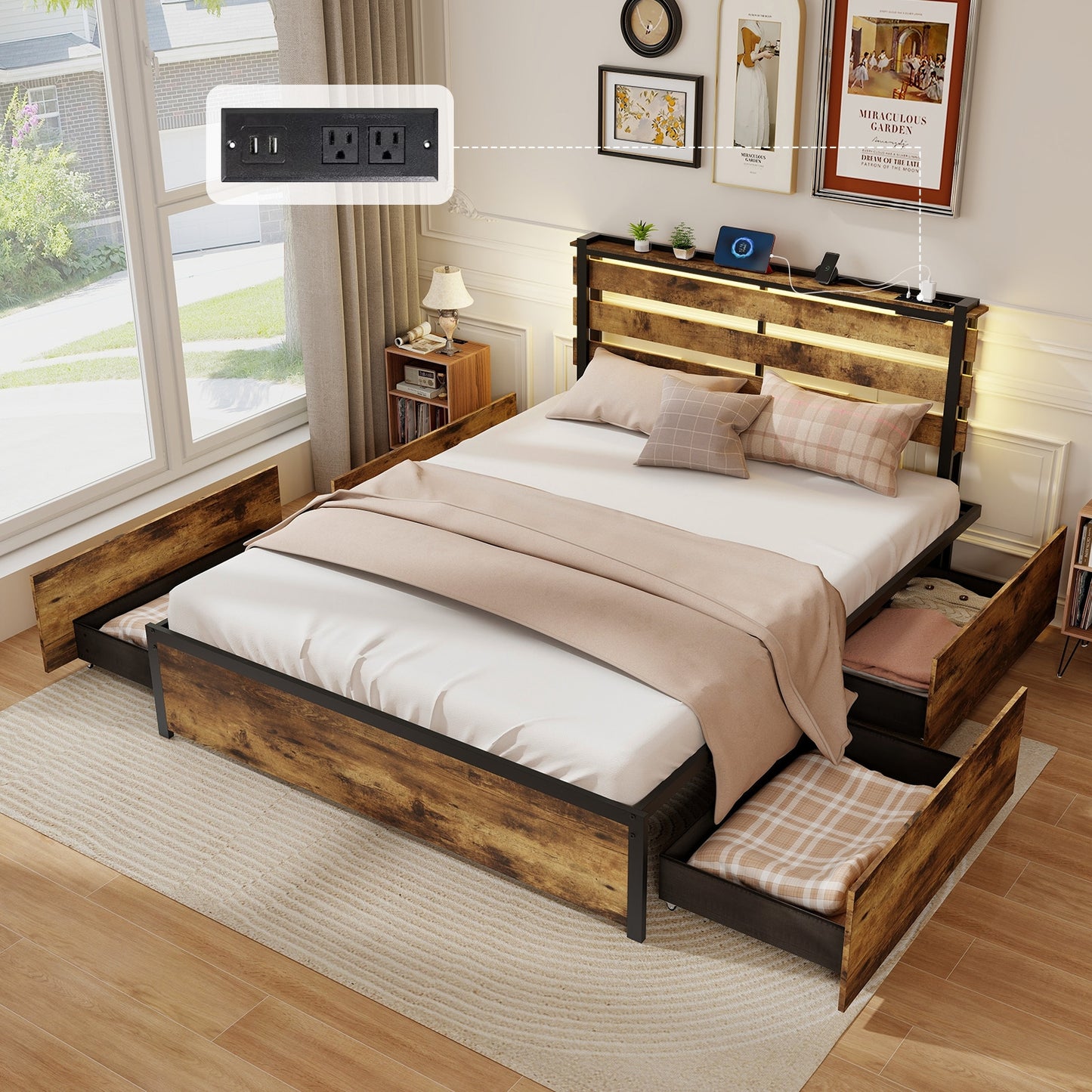 Rustic Brown Bed Frame with LED Lights, USB Ports, and Rolling Storage Drawers - Queen Size