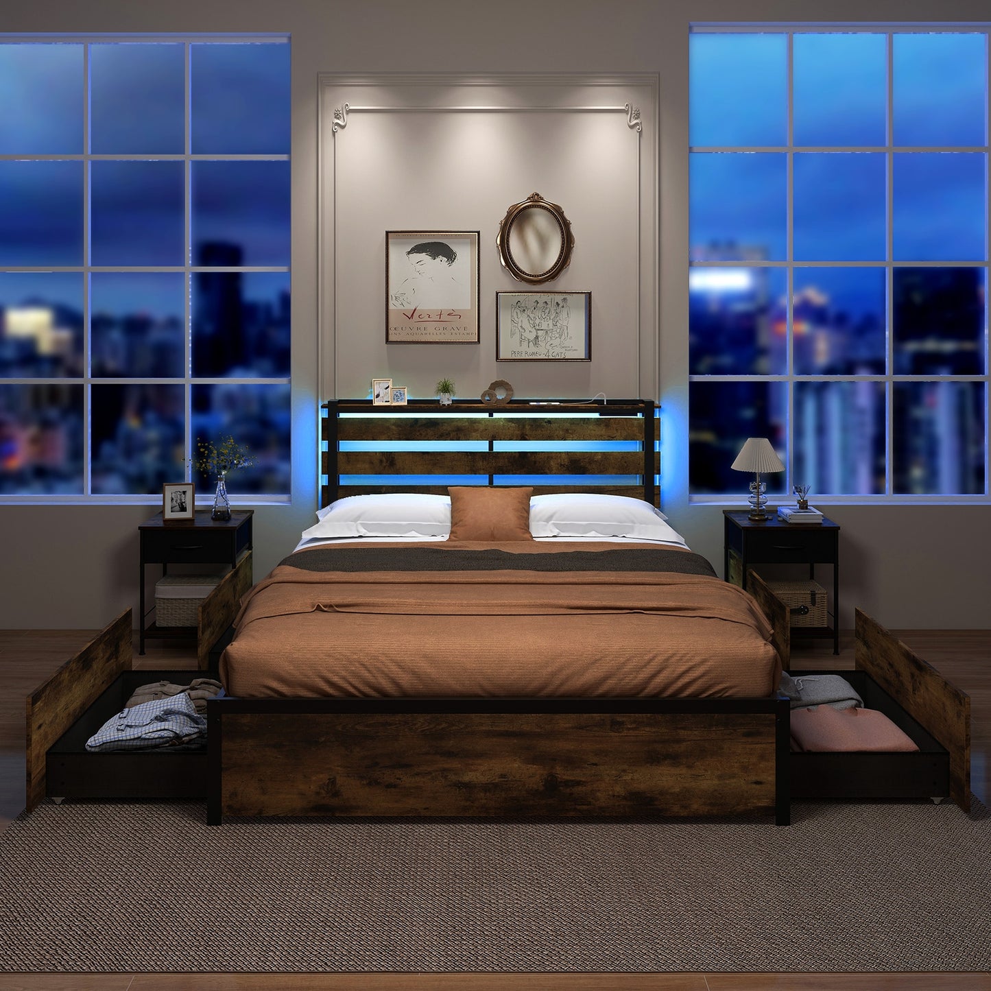 Rustic Brown Bed Frame with LED Lights, USB Ports, and Rolling Storage Drawers - Queen Size
