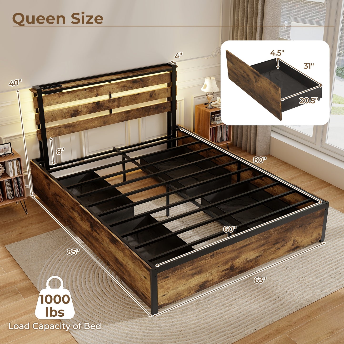 Rustic Brown Bed Frame with LED Lights, USB Ports, and Rolling Storage Drawers - Queen Size